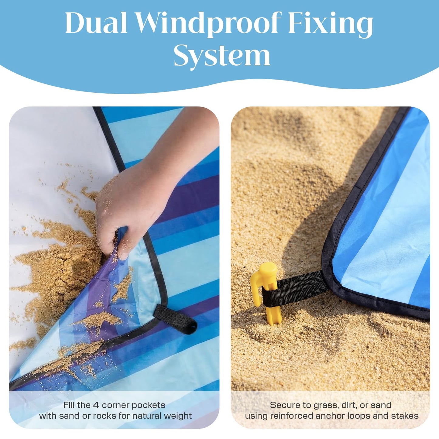 Beach Blanket Waterproof Sandproof - Oversized Extra Large Beach Mat for 3-4 People, Lightweight Sand Free Mat for Summer Vacation with 6 Stakes & 4 Corner Pockets for Beach, Camping 7x7ft Blue Stripe