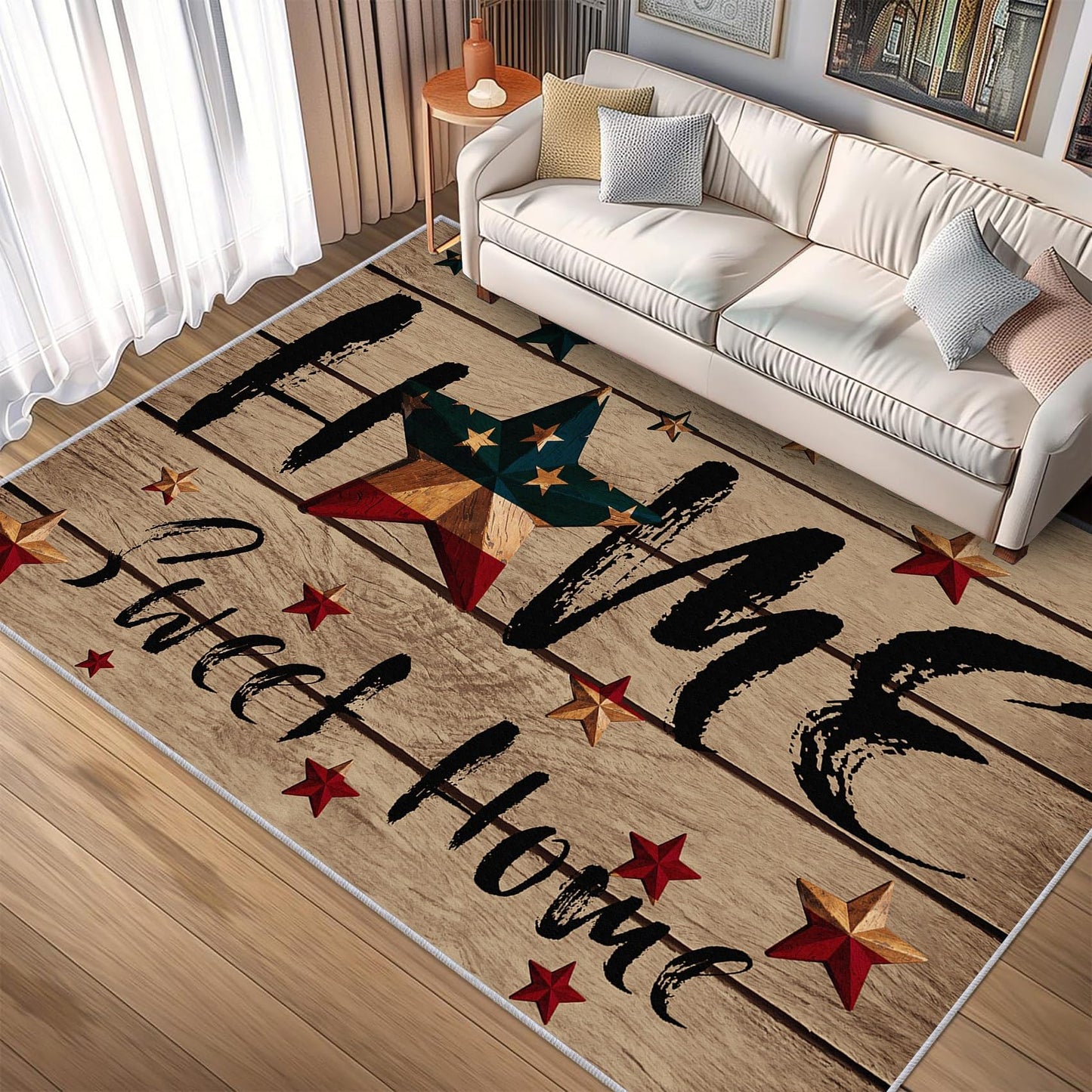 PLMHXC Country Primitive Area Rugs, 3x4ft, Home Sweet Home Vintage Wood Barn Star Rugs for Living Room, Non Slip Durable Low Pile Throw Rug, Cozy No Crease Foldable Carpets for Bedside Bedroom