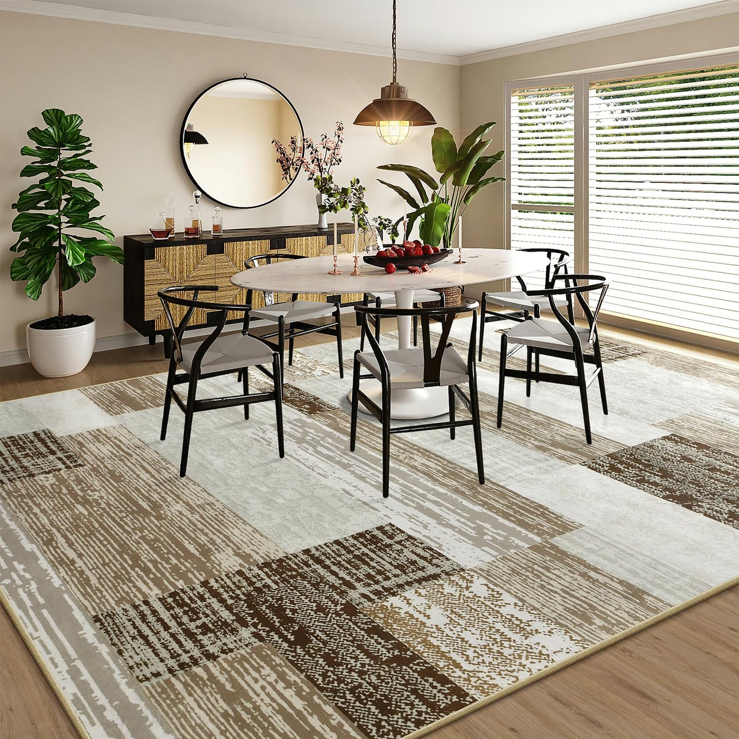 Large Area Rugs,Modern Geometric Patchwork Floor Decor for Bedroom Aesthetic Carpet, Rockwood Collection, Indoor Rugs for Living Room, Dining Room, Nursery, Office, Machine Washable Rug,4x6 Ft Beige
