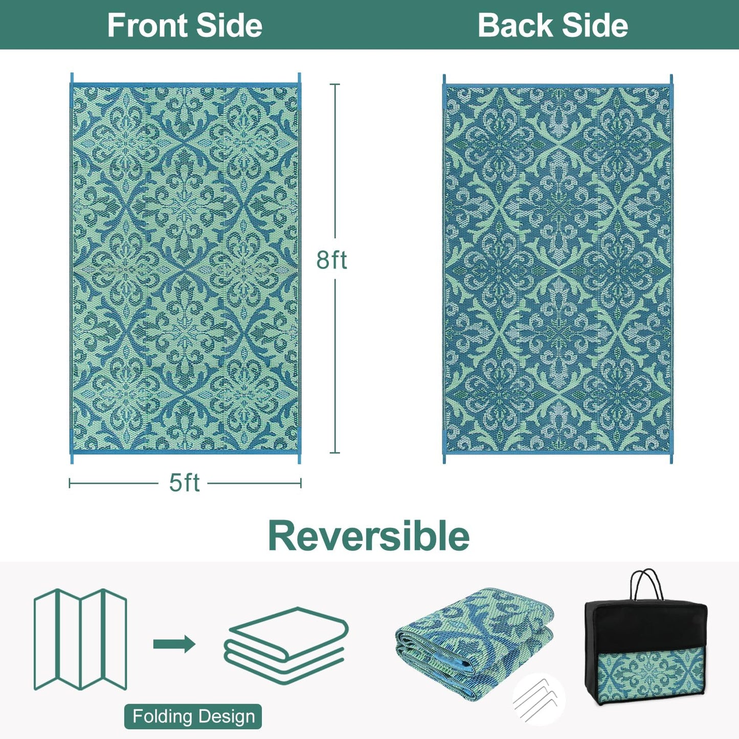 Lahome Waterproof Outdoor Rug 6x9 ft, Reversible Plastic Straw Patio Rug for Camping, RV Mat Outside, Indoor Outdoor Carpet for Porch Deck Backyard Camper Picnic, Light Blue and Green 6x9