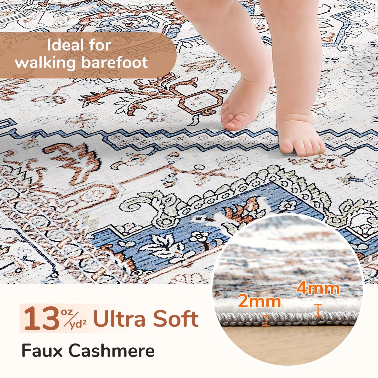 OPPODREAM Soft Neutral Area Rugs 5x7, 5x7 Washable Rug with Non Slip Backing, 5 x 7 Faux Cashmere Low-Pile Carpet, Cream White & Blue & Light Brown