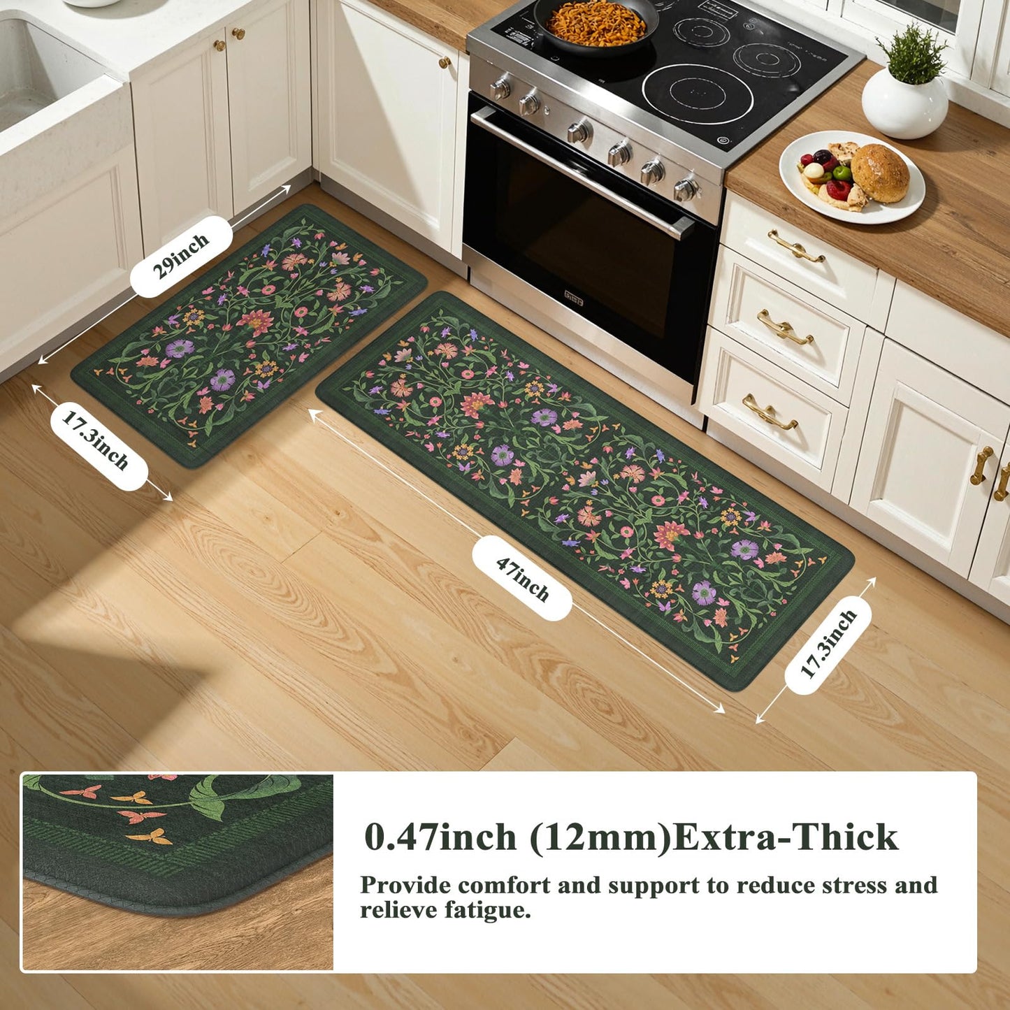 Collive Kitchen Mats for Floor, Cushioned Anti Fatigue Mat Green Floral Rugs 2 Piece Non Skid Waterproof Sink Rug, Memory Foam Comfort Standing Mat for Office, Laundry, Desk, 17.3"x29"+17.3"x47"