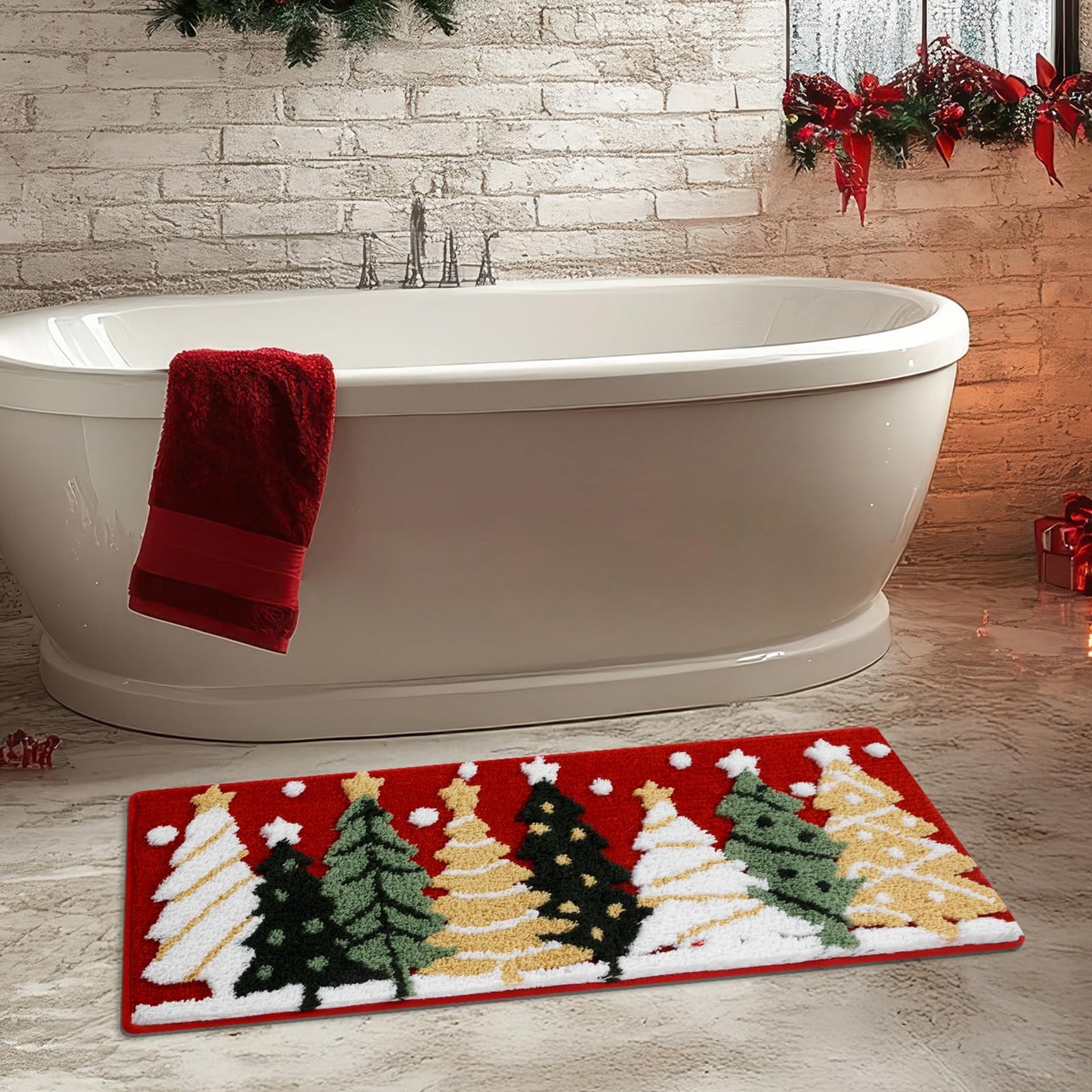 Moutina Christmas Tree Bathroom Runner Rug 18x45 Inch, Winter Soft and Absorbent Tufted Xmas Snowflake Bath Mat Non Slip Washable, Christmas Bathroom Decor Rug Red Holiday Decorations