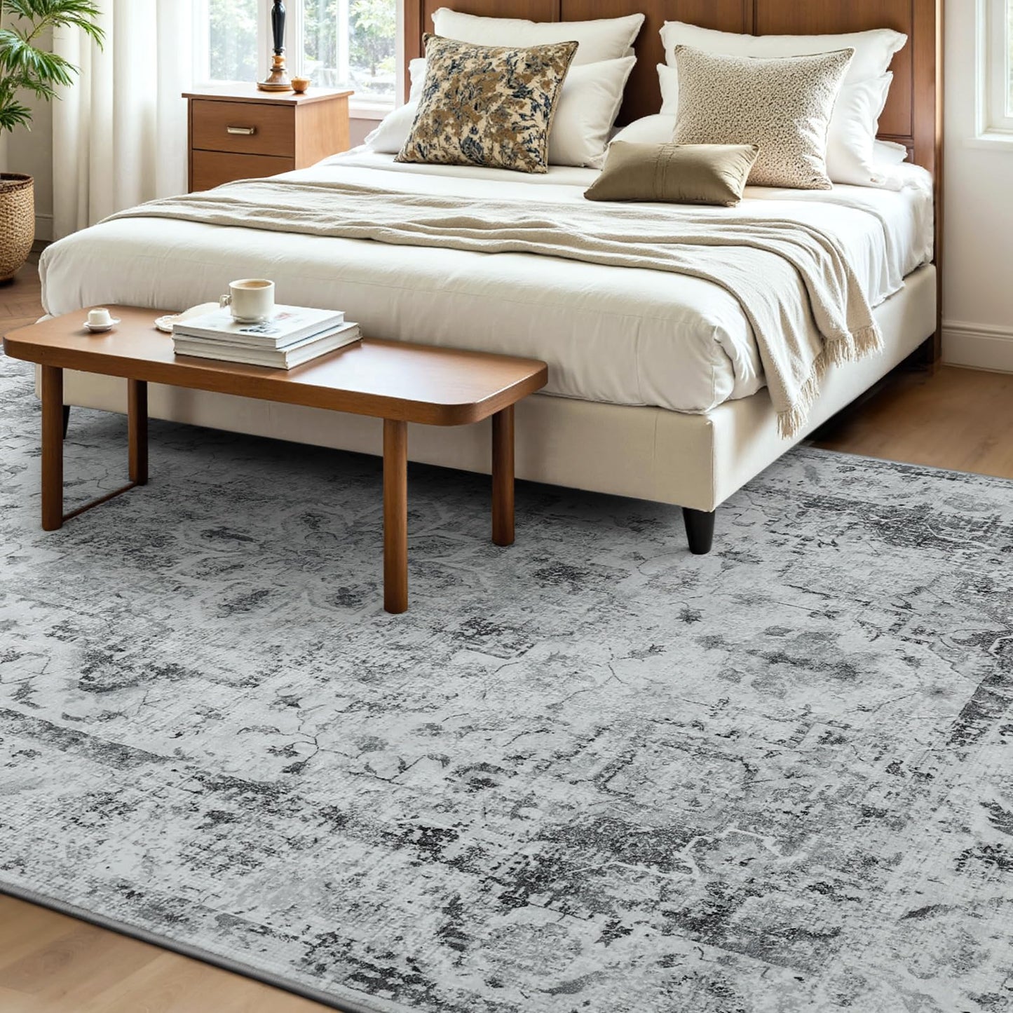 YOH Boho Washable Rug 4x6, Light Gray Vintage Non Slip Area Rug, Distressed Indoor Carpet for Living Room Bedroom Kitchen Office