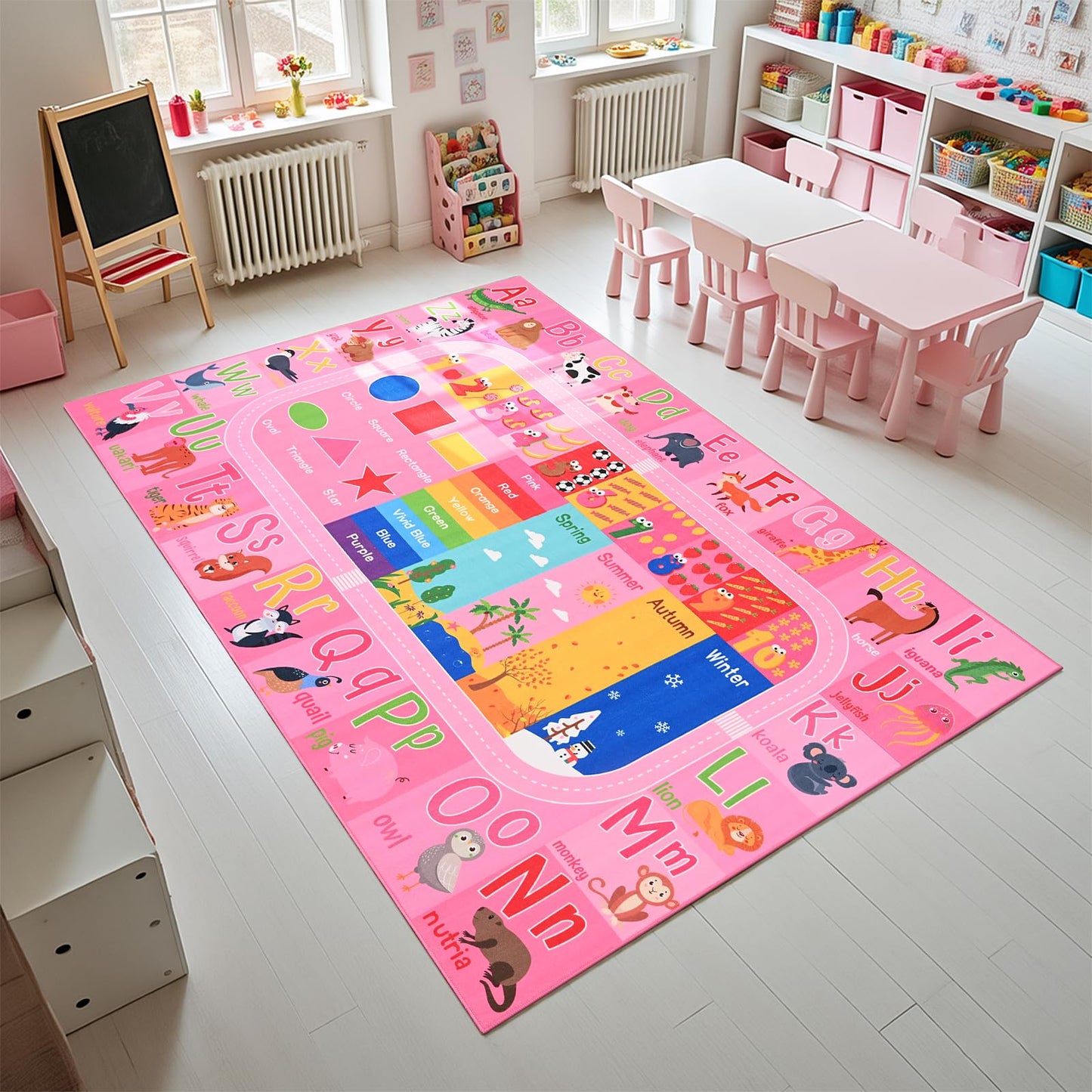 Flagover Pink Kids Rug for Playroom Classroom, ABC Alphabet Numbers Play Toddlers Rugs, 6x9 Learning Educational Bedroom Floor Mat, Washable Baby Carpet for Girls Room, Nursery, Preschool, Daycare