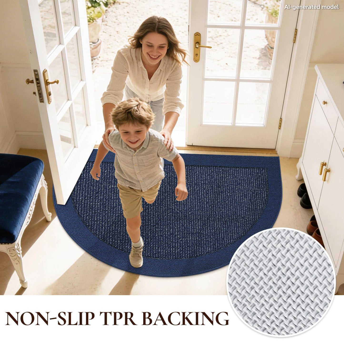FLOORHUG Dirt Trapper Door Mats 17"x30", Half Circle Entryway Rugs Non-Slip Washable, Dirt Resist and Absorbent Doormat Low Profile Entrance Mat Floor Mats for Front Back Door, Blue