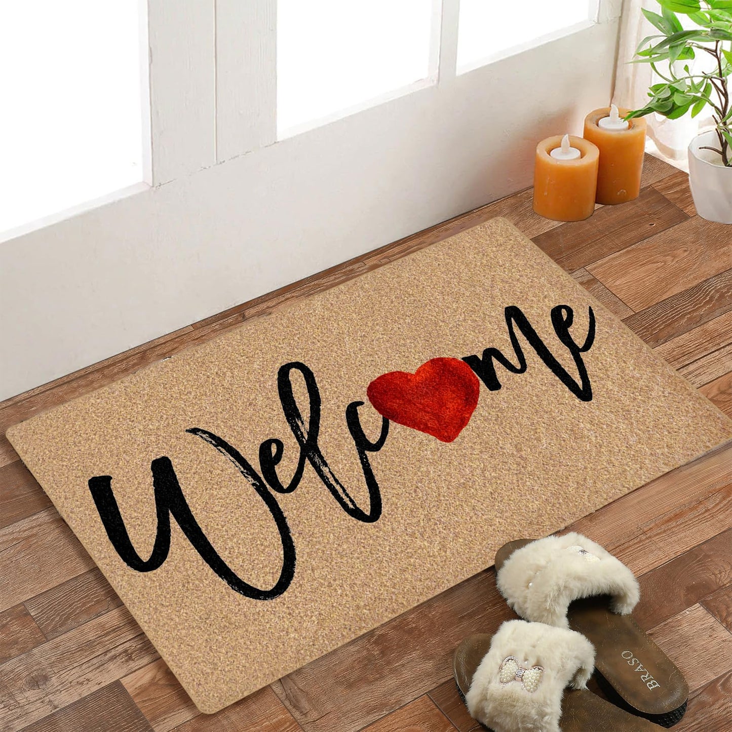 BitKAM Welcome Love Heart Coco Coir Doormat Door Welcome Mat for Home Entrance Front Door, Valentine Love-Heart Anniversary Valentine's Day Floor Mats for Outdoor Outside Entryway 30x17 Inch