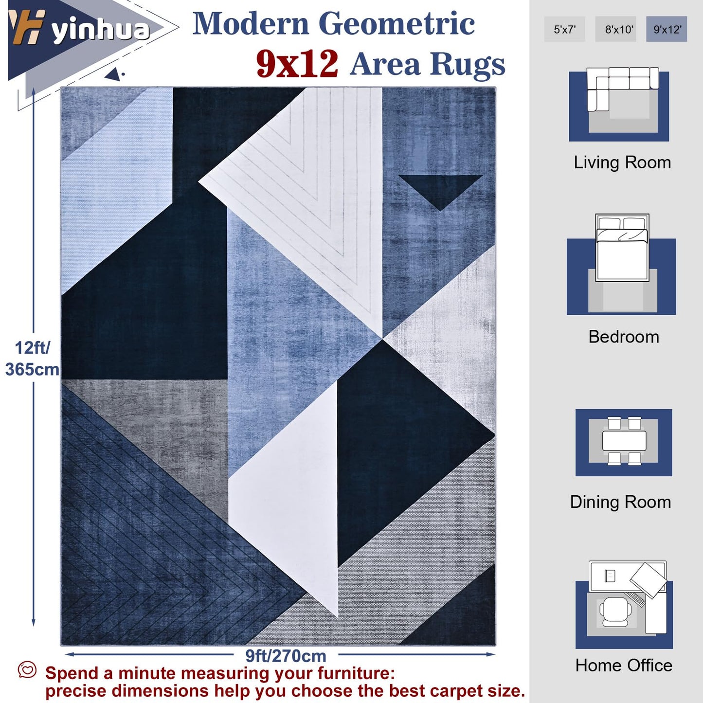 Yinhua Modern Geometric Area Rugs 9x12 Living Room Rug Low Pile Washable Rugs Non Slip, Large Area Rug for Bedroom Home Office, Soft Faux Wool Carpet No Shedding, Blue and Gray