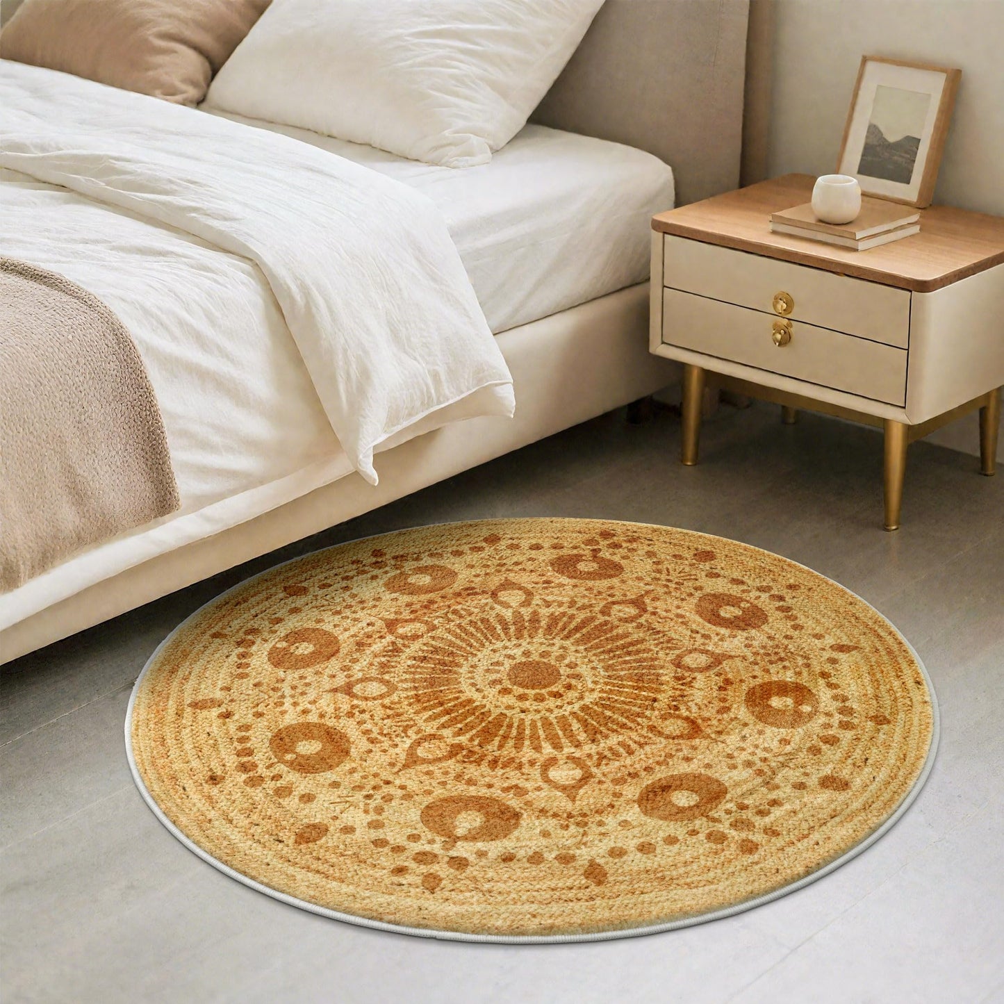 Carvapet 3ft Small Round Accent Rug - Smooth Flat Printed Faux Jute Circle Carpet, 36-Inch Low Pile Washable Skid-Resistant Floor Mat for Indoor Plant Pot Vanity Stool Pet Corner Entryway Bedside