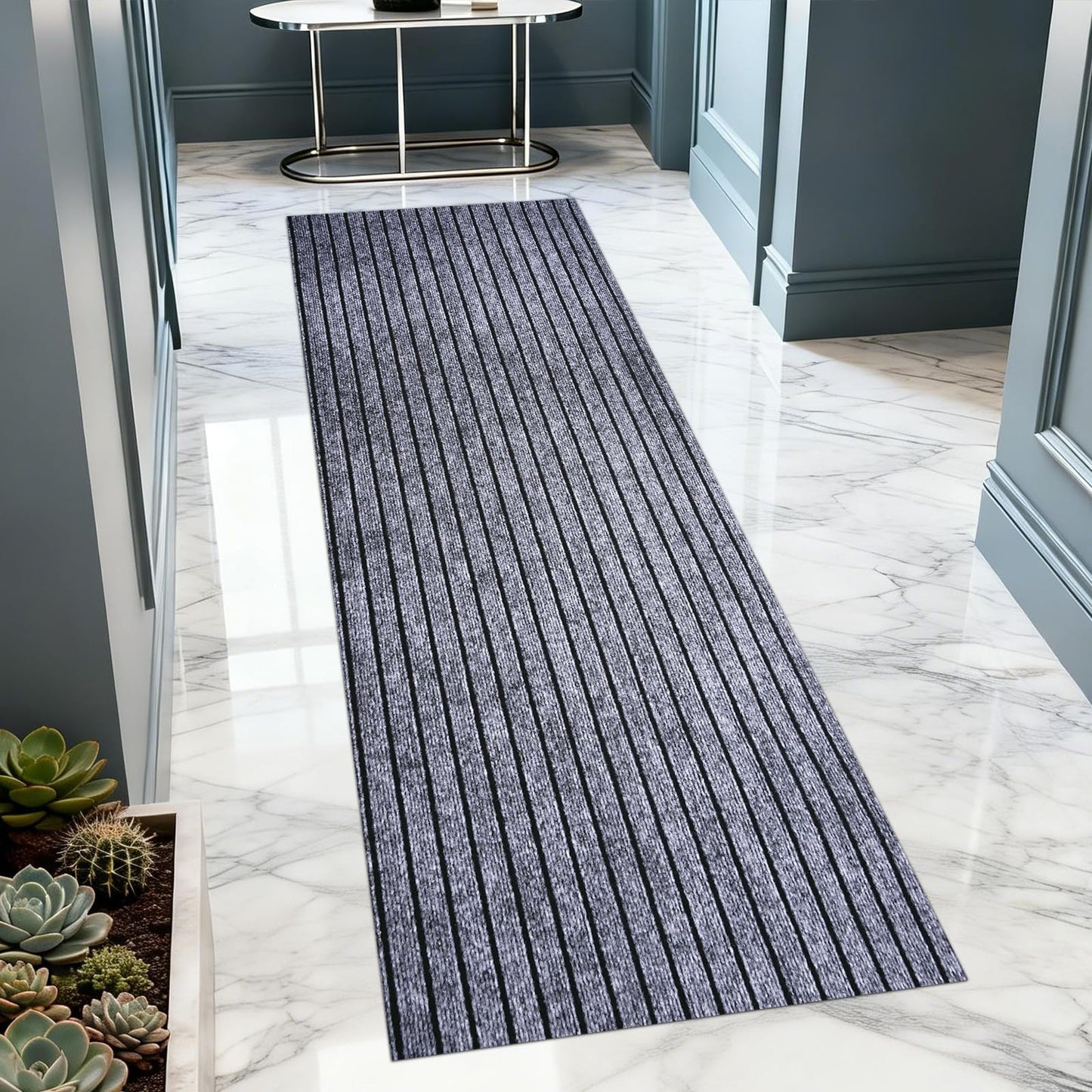 Extra Long 3x15 ft Runner Rug for Hallway, Non-Slip Indoor Outdoor Carpet with TPR Backing, Durable Waterproof Mat for Kitchen, Patio, Balcony, Garage, Deck, Entryway, Stair, Grey Wide Stripes