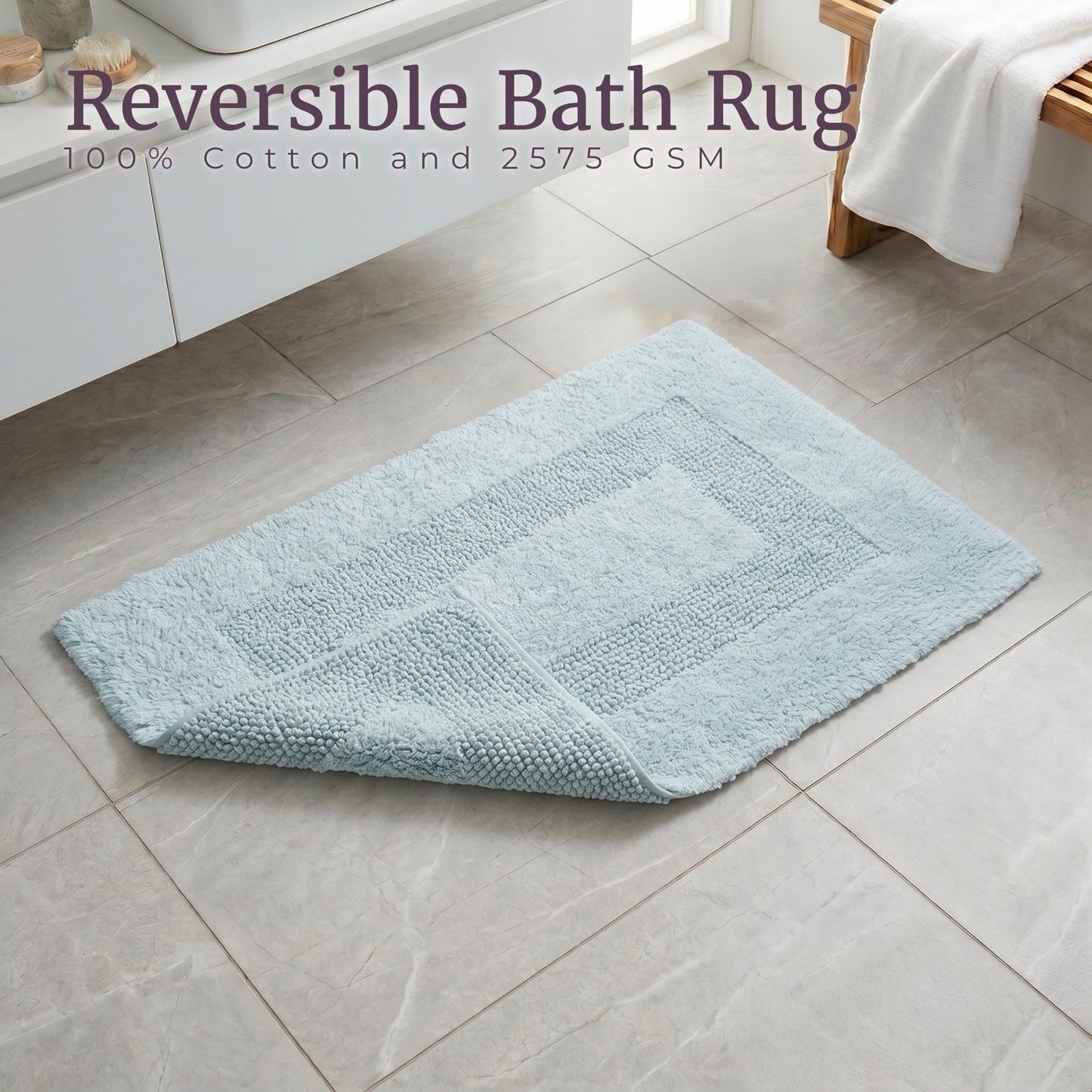 Cotton Bath Mat Set- 2 Piece 100 Percent Cotton Mats- Reversible, Soft, Absorbent and Machine Washable Bathroom Rugs By Lavish Home (Seafoam)