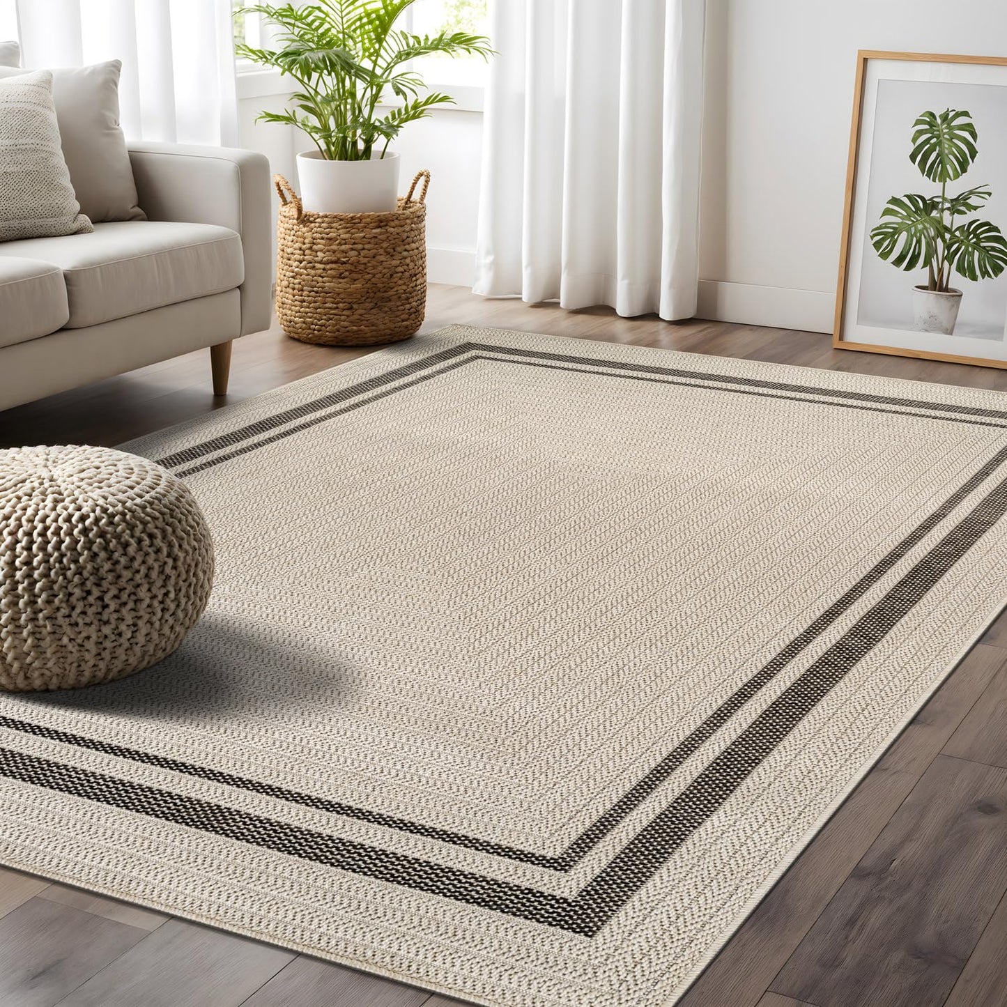Beverly Rug Easy Jute Bordered Rug 10x14 Washable Large Indoor Outdoor Area Rugs for Living Dining Room Patio Office Stain Resistant Non Shedding Casual Indoor Outside Carpet 10 x 14 Off-White