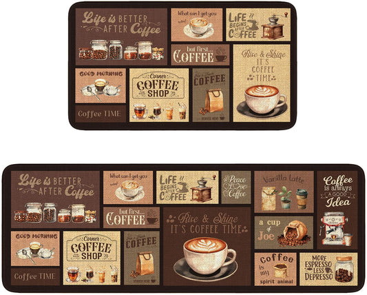 Gooddooes Coffee Chef Kitchen Rugs Set of 2, 17"x30" + 17"x47" Anti Fatigue Kitchen Mats for Floor,Non Slip Washable Kitchen Runner Rug 2 Piece Set,Brown Vintage Comfort Standing Mat for Kitchen Home