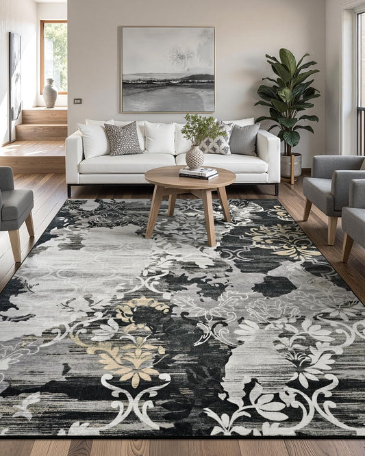 Washable Abstract Rug, 5x7 Black Floral Area Rugs with Non-Slip Rubber Backed for Bedroom, Low Pile Modern Throw Carpet Kitchen Living Room Decor