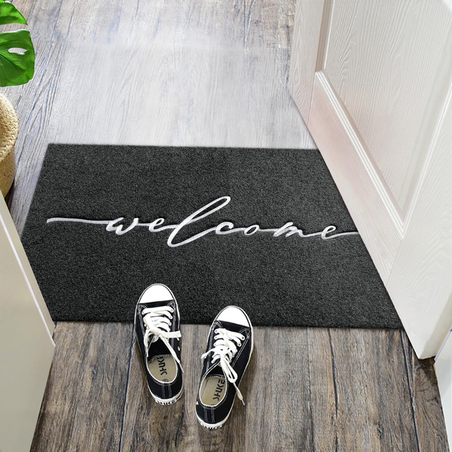 AAZZKANG Welcome Mat Outdoor Indoor Front Door Mats with Non Slip Rubber Back Easy to Clean Low Profile Entrance Doormat for Porch Home Office Patio Living Room High Traffic Areas Black
