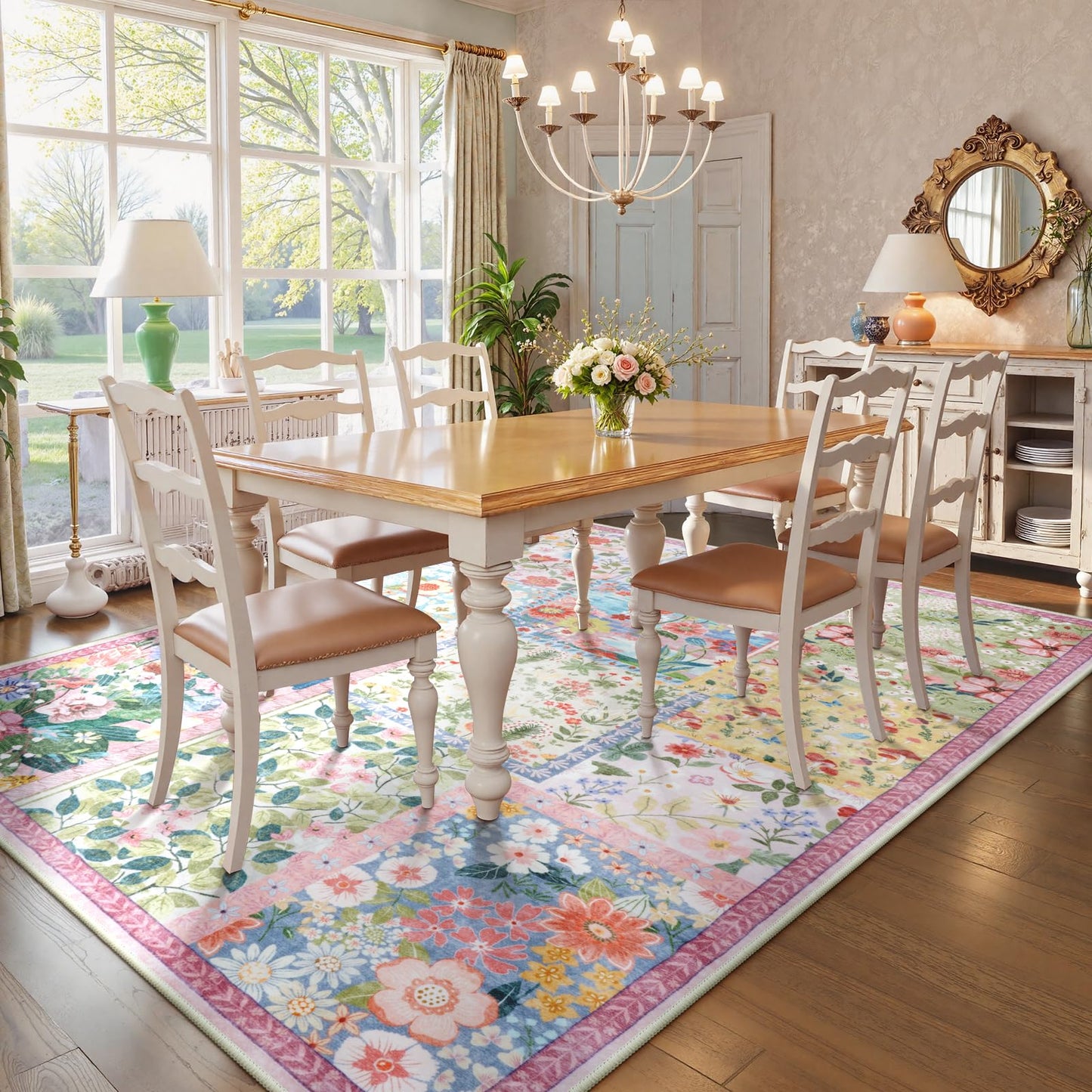 LIVEBOX Pink Washable Rugs 8x10 for Living Room, Soft Pink Rug for Bedroom,Non Slip Ultra Thin Rug Botanical Bedroom Rugs 8x10 Under Bed, Floor Carpet for Dining Room Home Office