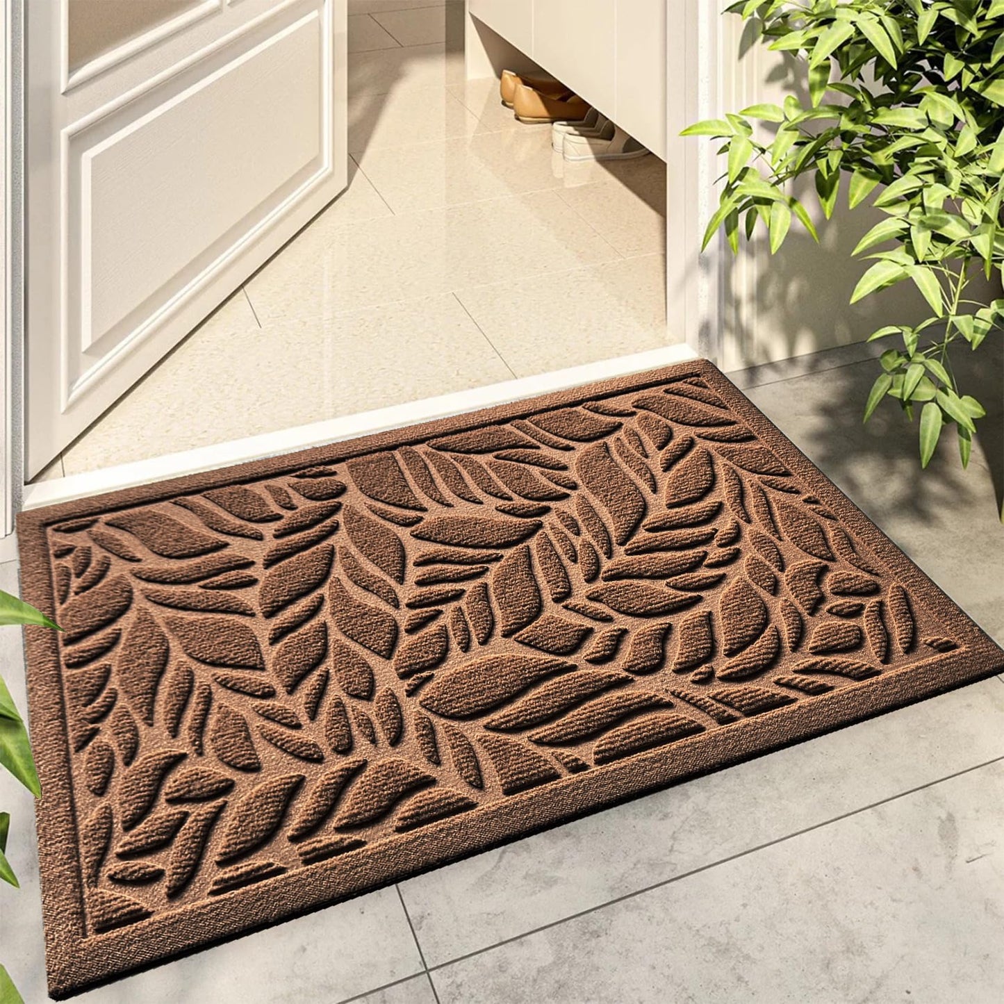 Bulijojo Front Door Mat Entrance,Durable Heavy Duty Welcome Mat,Thick Absorbent Natural Rubber Non Slip Mat,Sturdy Entryway Brown Leaves,23x35