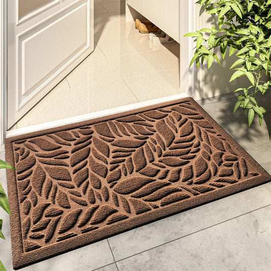 Bulijojo Front Door Mat Entrance,Durable Heavy Duty Welcome Mat,Thick Absorbent Natural Rubber Non Slip Mat,Sturdy Entryway Brown Leaves,23x35