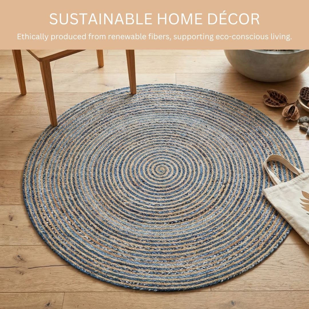 WeWove Hand Woven Area Rug 6 Feet Round - Jute Denim Area Rug Rustic Farmhouse Boho Accent Rug for Living Room Bedroom Kitchen Dorm Entryway Hallway - Handcrafted Floor Rug