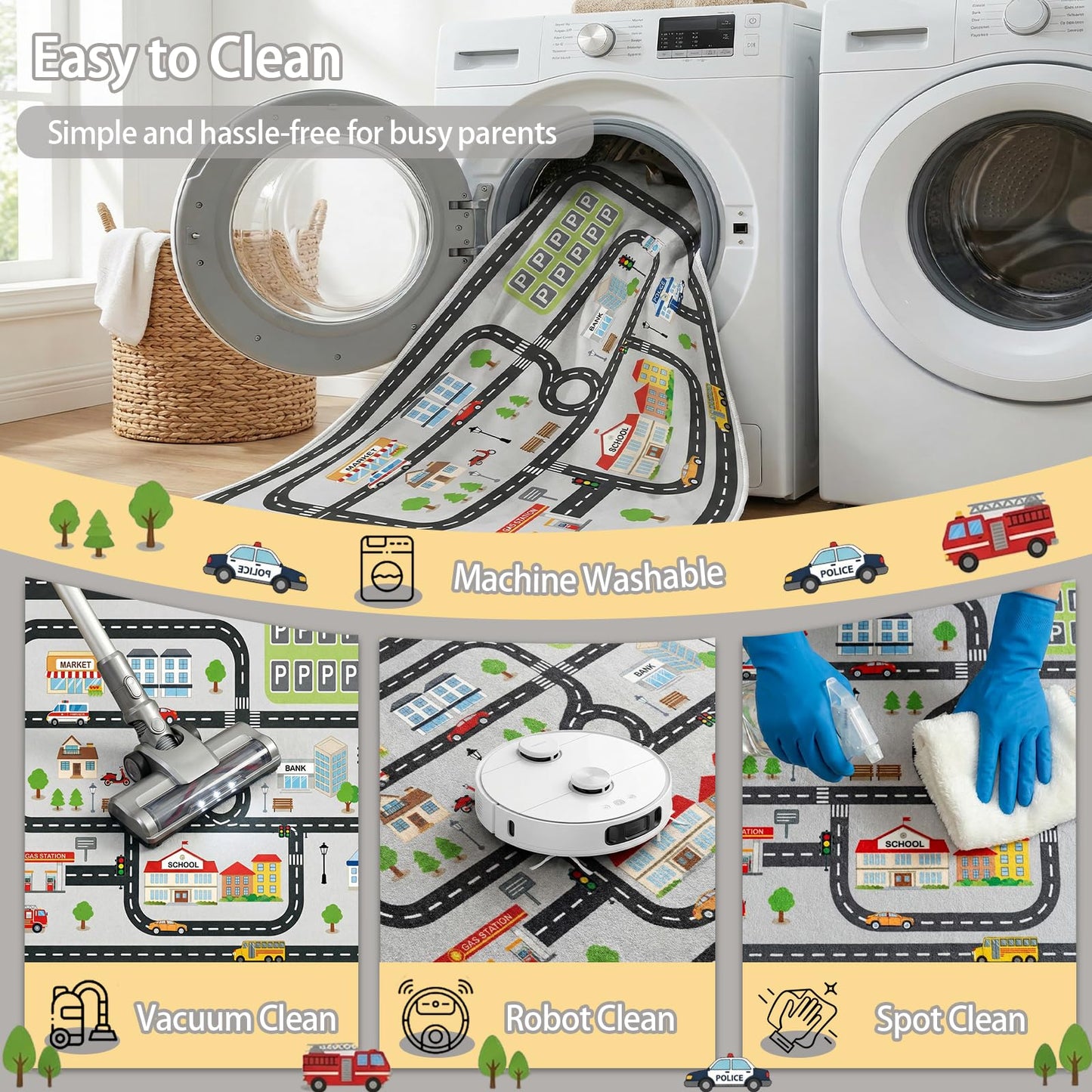 5'x7' Car Rug Play Mat for Kids Toy Cars, Faux Wool Road Rug Car Track Playmat Educational City Map Washable Carpet for Boy Playroom Bedroom Nursery, Non Slip Kids Area Rug for Children Toddler