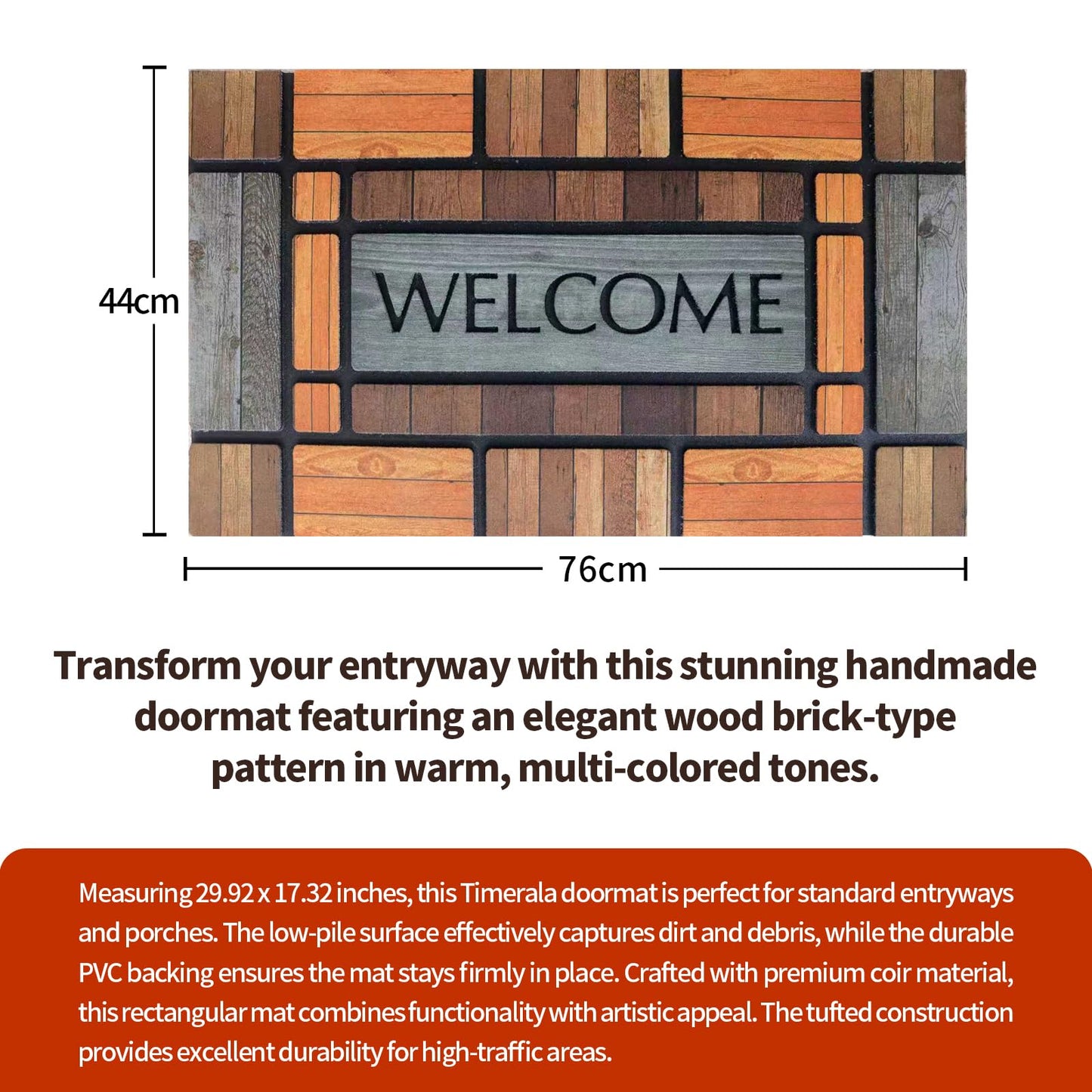 Timerala Wood Brick Flocked Doormat, Welcome Design, Multi-Color Wood Pattern, Non-Slip Rubber Backing, Rectangular, 29.92 x 17.32 Inches