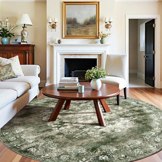jinchan Round Rug 8ft Area Rug - Green Vintage Floor Mat Kitchen Indoor - Washable Circle 8' Thin Floral Print Carpet Retro Farmhouse Non Slip Dining Room Living Room Bedroom Office