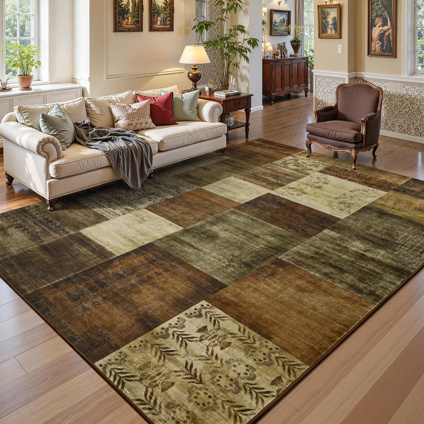 DweIke Washable Area Rugs 6x9 for Living Room, Large Modern Geometric Brown Soft Patchwork Carpet, Non-Slip Stain Resistant Throw Rug for Bedroom Dining Room Office Home Decor