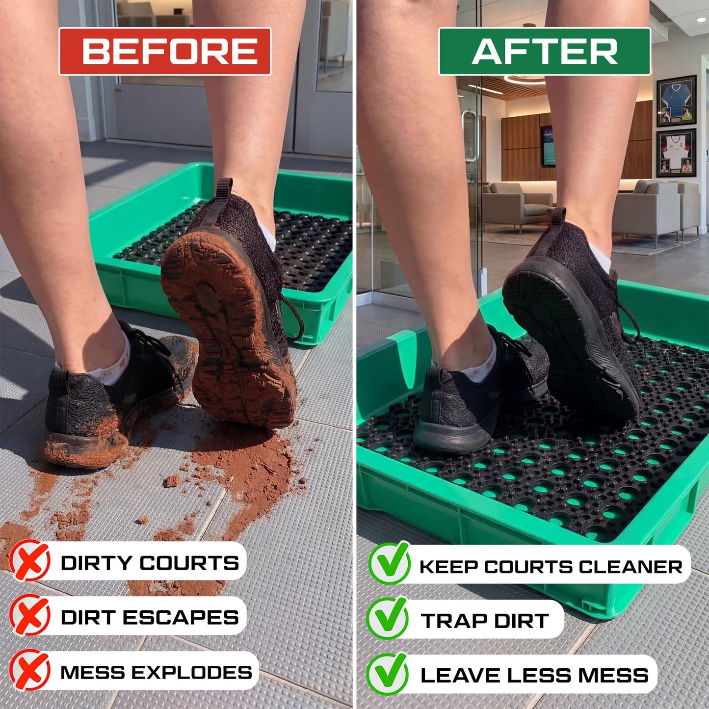 Cinnvoice Tennis Court Shoe Cleaning Tray with Brush Mat, Clay & Sand Removal for Courts, Sports Facilities, Entryway Boot Cleaner, 24 x 16.5 x 3.7 Inches