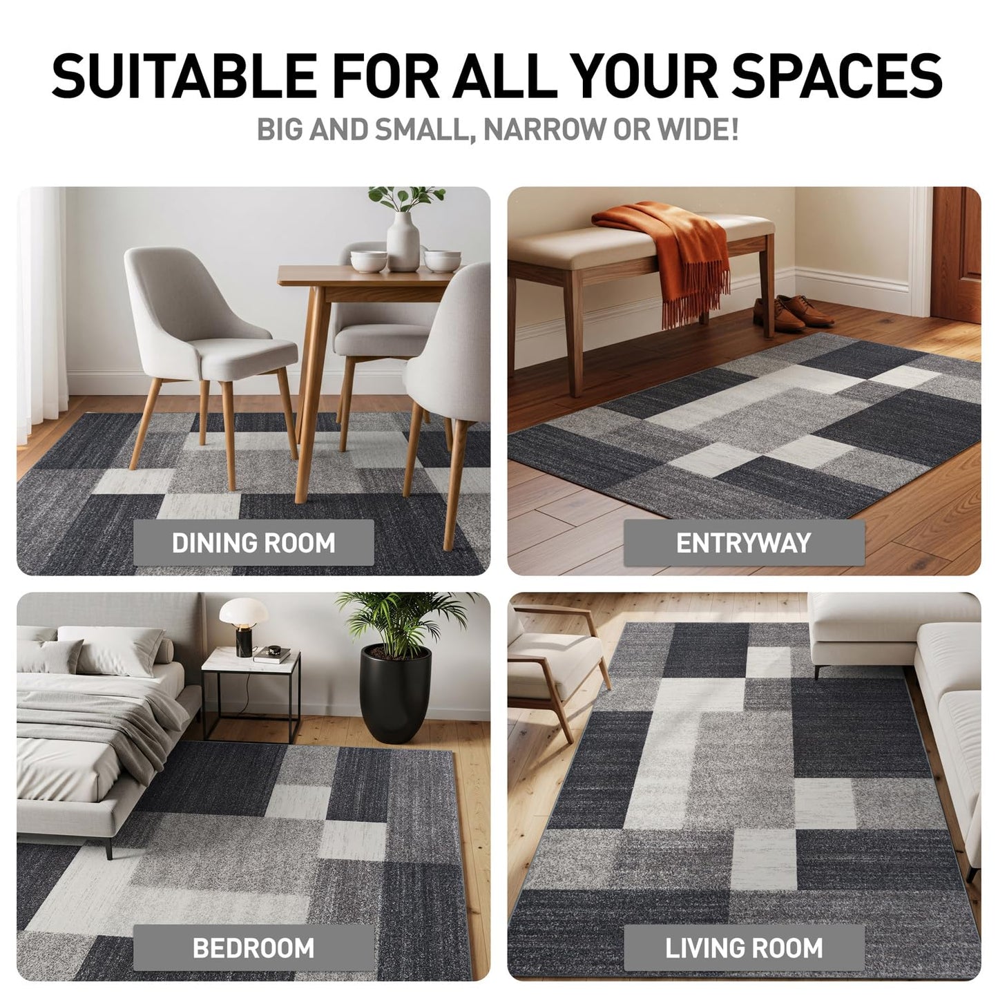 Rugshop Gray Modern Geometric Boxes Non-Slip Area Rug Non-Shedding for Dining Room, Bedroom and Living Room, 4' x 6'