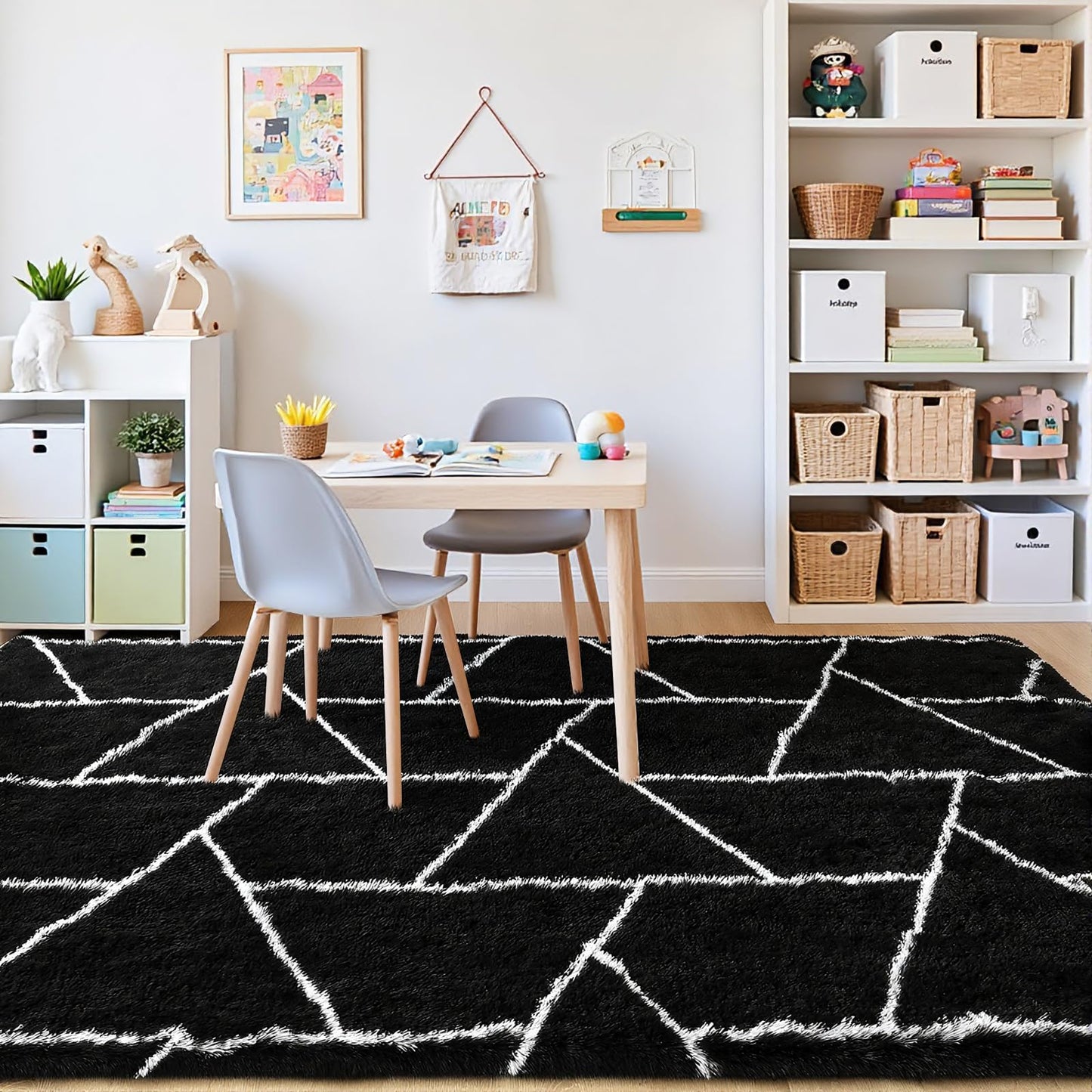 FALARK Fluffy Area Rugs for Living Room Bedroom, Modern Geometric 4x6 Feet Black Rug, Soft Plush Shaggy Fuzzy Floor Bedside Carpet for Nursery Kids Girls Boys Teen Dorm Home Office Decor