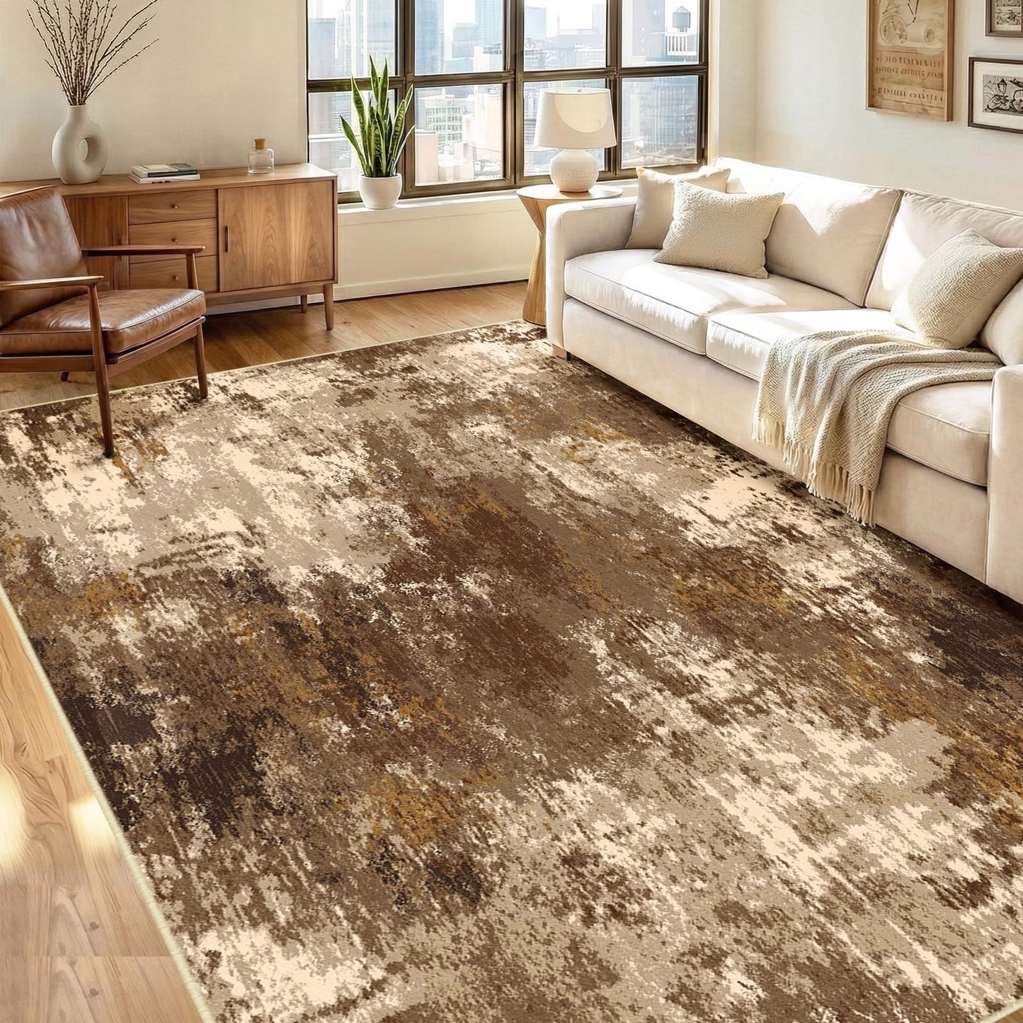 RELEANY Washable Area Rugs 5'x7' Non-Slip Modern Abstract Soft for Living Room Entryway Bedroom Kitchen, Print Pattern, Brown Tan Beige Coffee