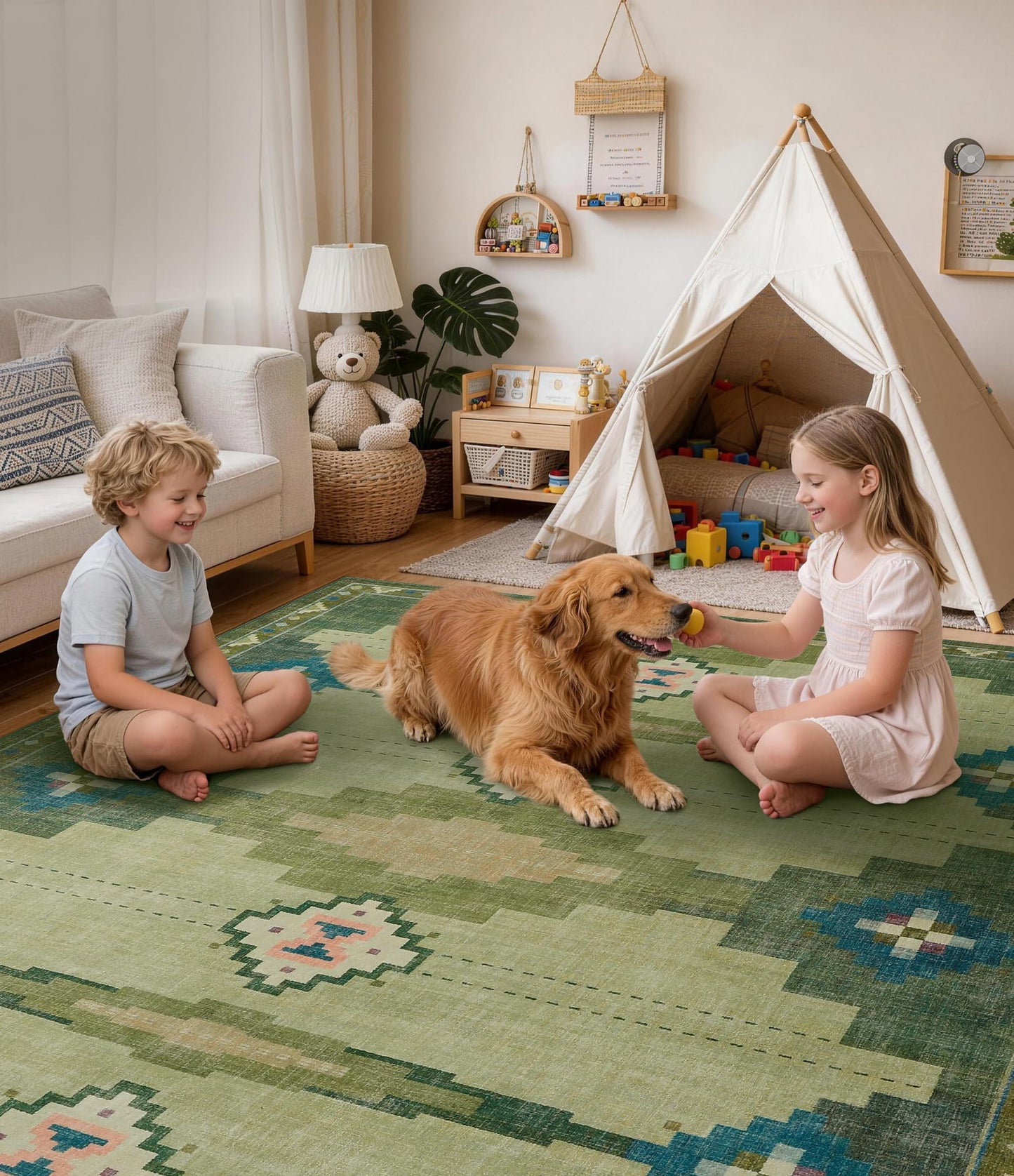 YIHOUSE Mid Century Modern Rugs for Living Room, 8x10 Green Rug No-Slip Southwestern Large Area Rug Washable Rugs for Bedroom, Dining Room