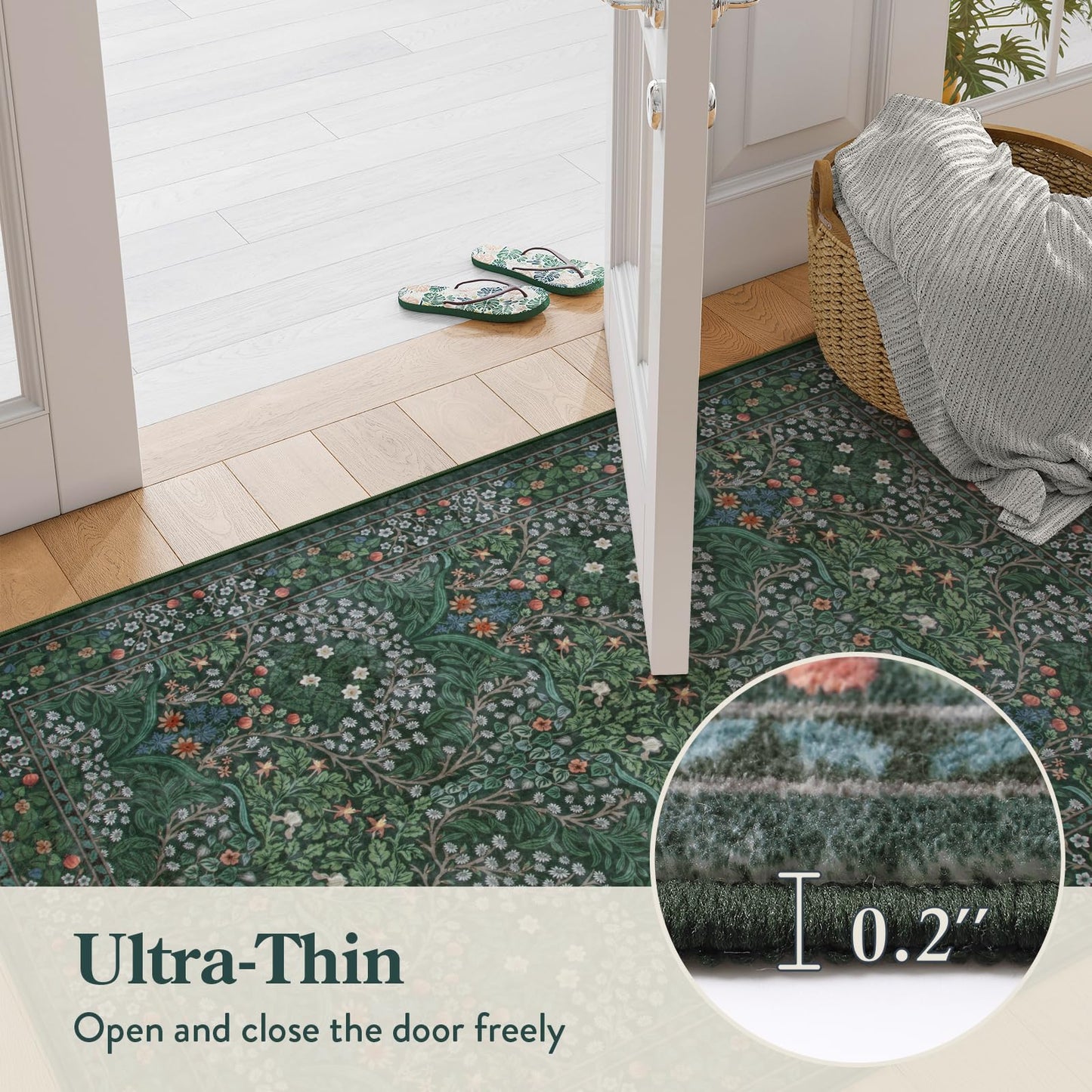 Lahome Floral Washable Round Area Rug, Soft Round Rugs 6ft Ultra-Thin Non-Slip, Boho Stain Resistant Large Circle Carpet for Bedroom Living Room Kitchen Nursery Giverny, Dark Green