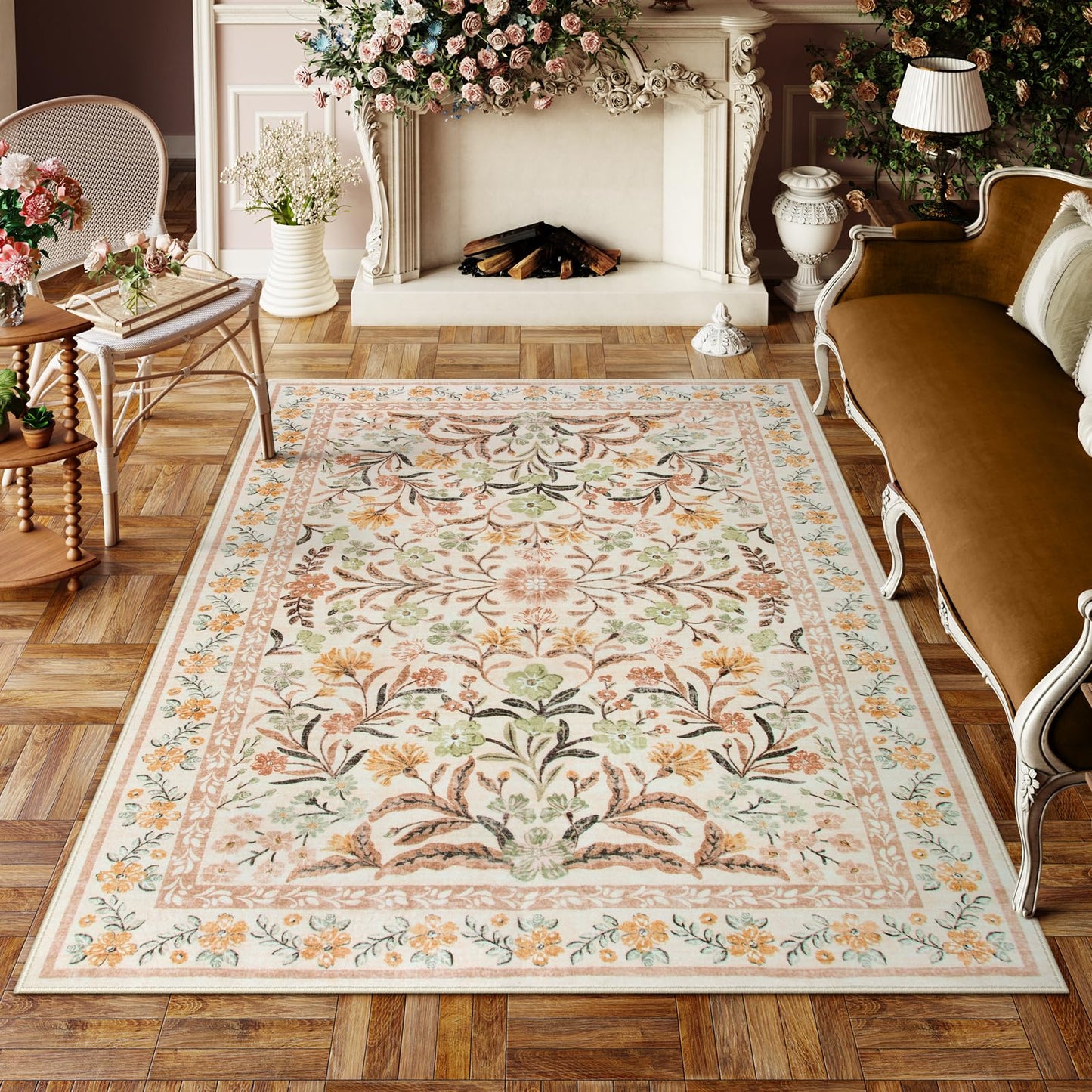 Lahome Sylvie Boho Nursery Living Room Rug, Washable Area Rugs 5x7 for Classroom Kids Room, Soft Floral Thin Carpet for Dorm Apartment Bedroom Decor, Ochre Fall