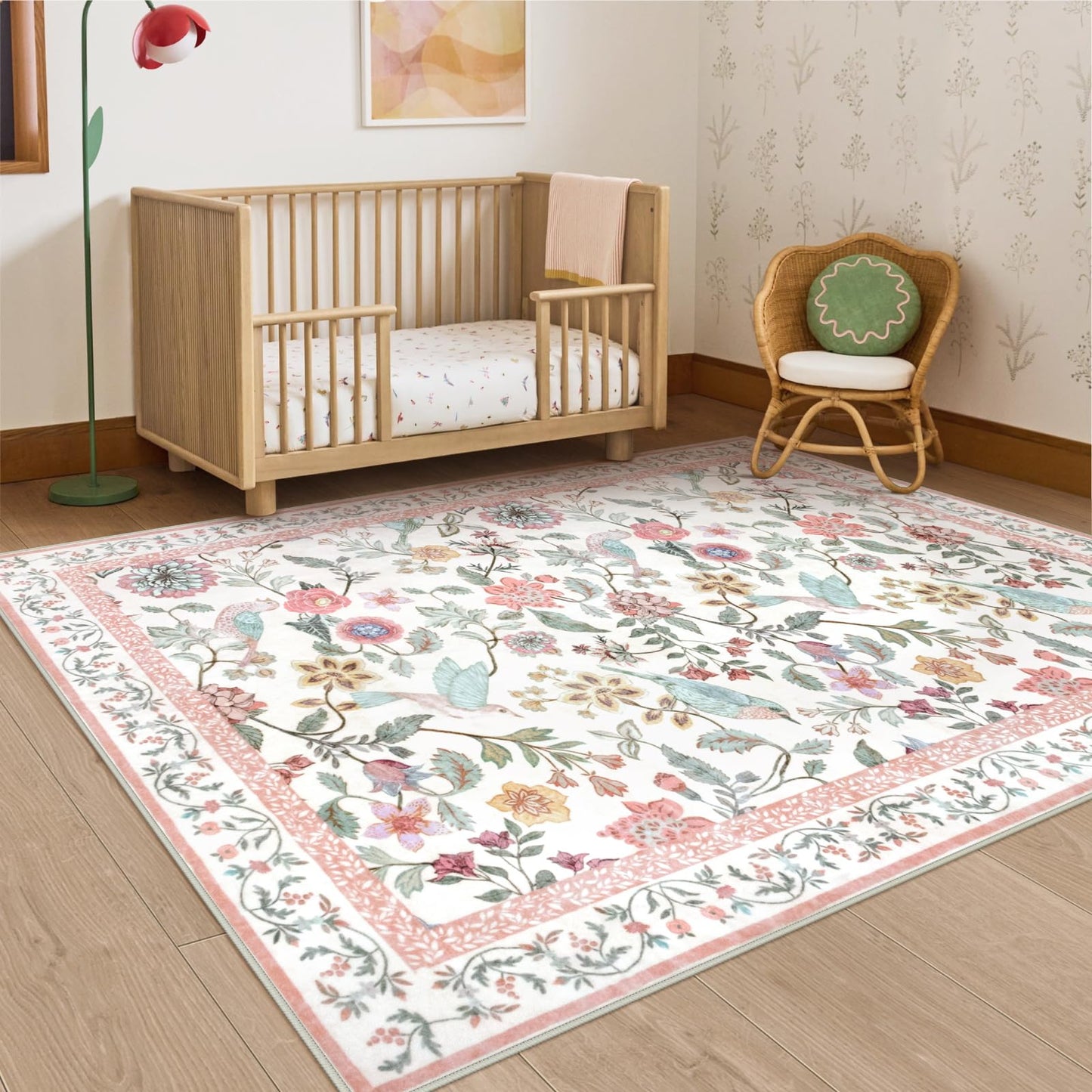 Rugalia Floral Washable 5x7 Area Rug, Soft Non-Slip Pink Rugs for Girls Bedroom Low Pile Flower Birds Living Room Rug, Non-Shedding Botanical Indoor Carpet for Nursery Playroom Dining Room