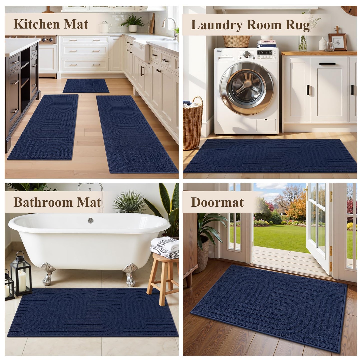 U'Artlines Kitchen Rugs and Mats Set of 3, Non Skid Washable Blue Geometric Kitchen Mats for Floor, Absorbent and Stain Resistant Floor Mat for Laundry, Sink Decor 20x32+20x48+20x59