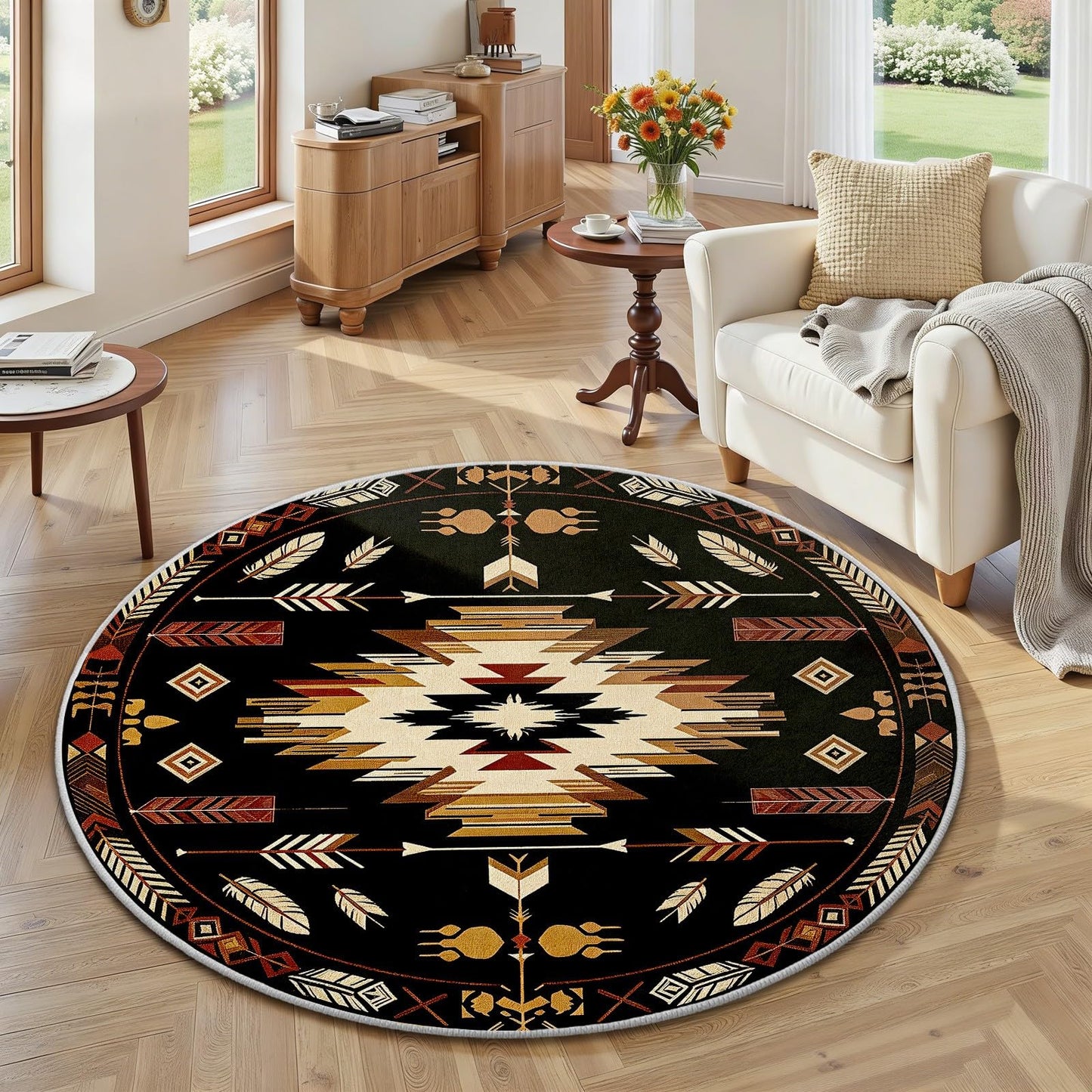 4ft Round Rug, Native American Circle Area Rug, Aztec Navajo Round Rugs for Living Room Bedroom, Indian Southwestern Tribal Circle Rugs for Dining Room Entryway Dorm, Washable Non-Slip Floor Mat
