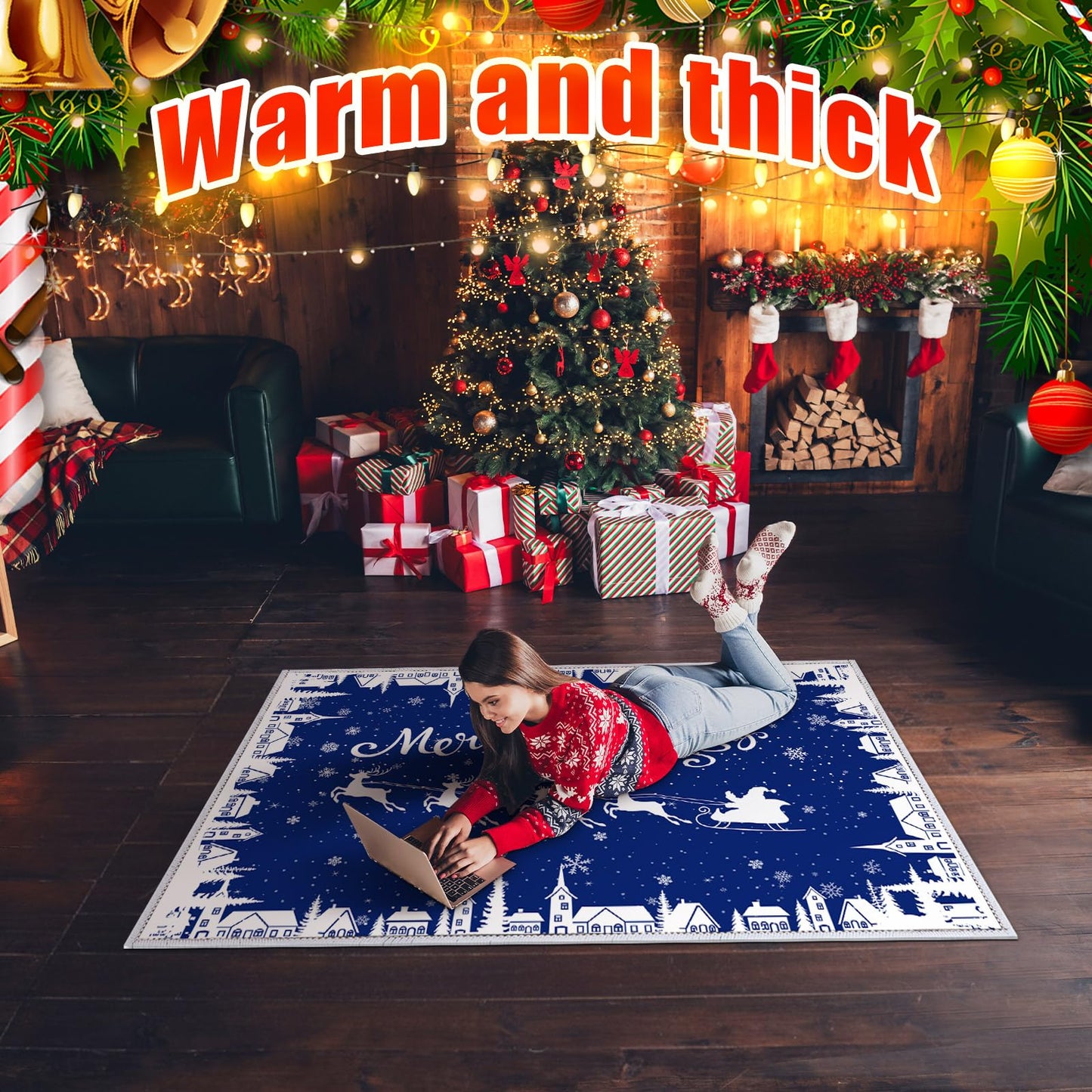 Dunzy Christmas Rug 5 x 7 ft Blue Snowflakes Merry Christmas Area Washable Rug Winter Village Xmas Non Slip Soft Indoor Decor for Kitchen Entryway Bathroom Bedroom Laundry Room