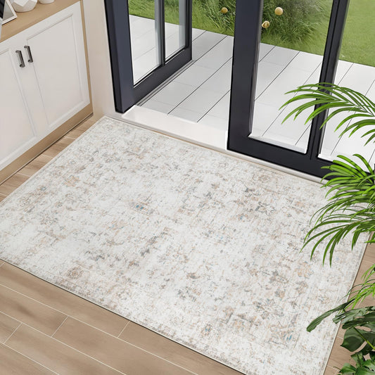 Dotiiorug Washable 2×3 Area Rug for Entryway Indoor, Vintage Floral Small Area Rug Soft Non Slip Stain Resistant Boho Carpet for Front Door Dinning Room Kitchen Bedroom Beige