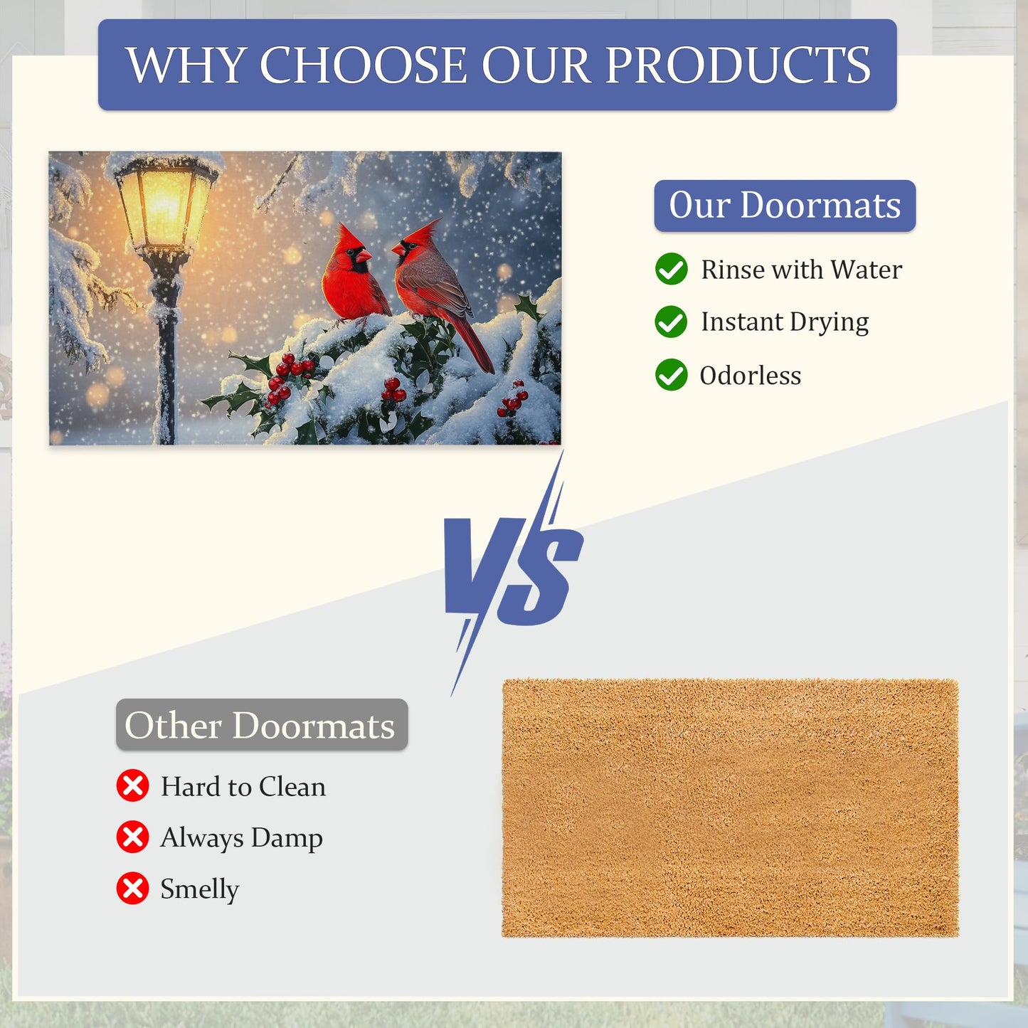 Winter Cardinal Welcome Mat,Christmas Snow Indoor Rugs for Entryway,Anti-Slip Low Profile Doormats Porch Mats for Front Door Stairway Rug Living Room Floor Mat 30 x 17 Inch
