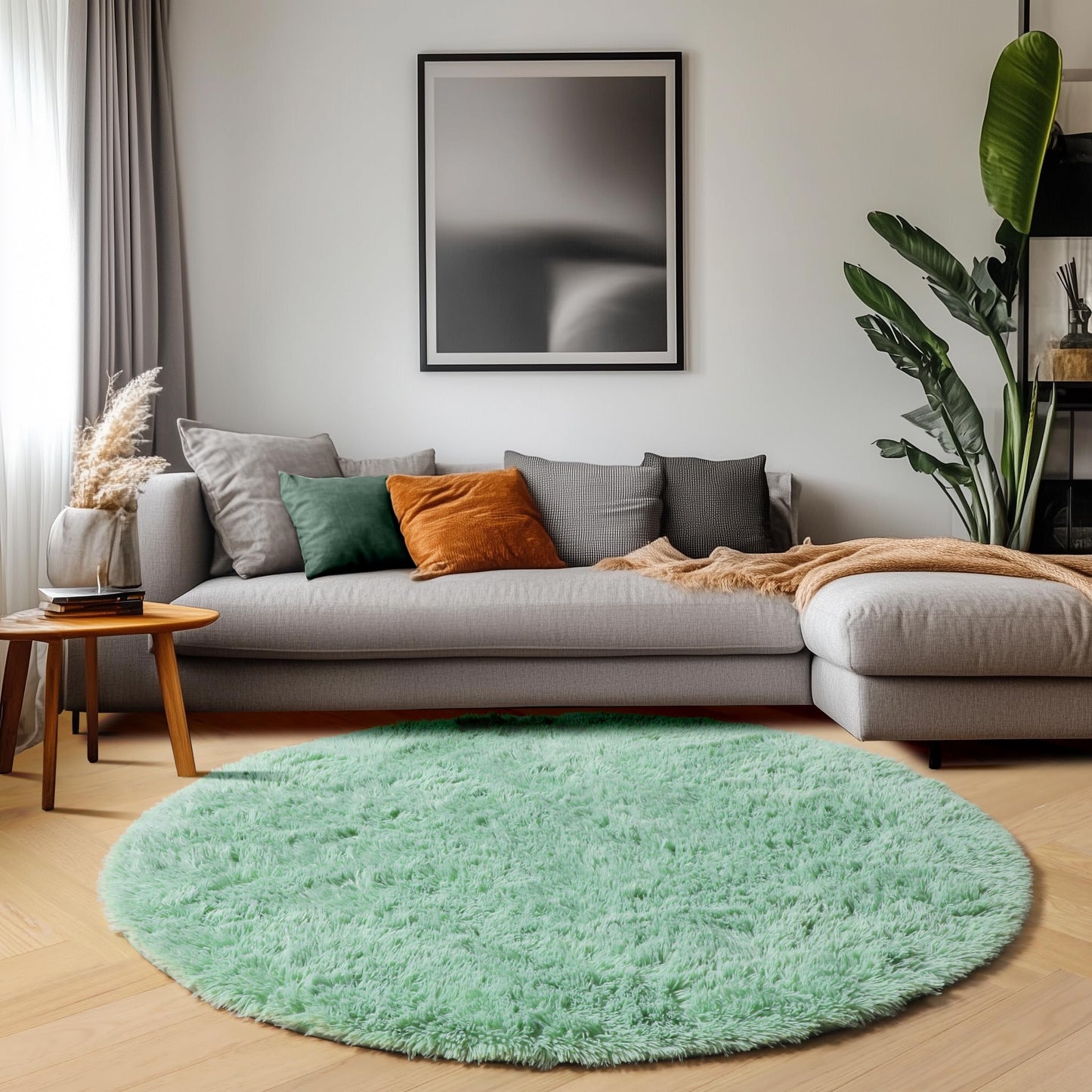 ONASAR Sage Green Round Area Rug 4ft, Fluffy Soft Bedroom Circle Rugs for Kids Girls Boys Teen Dorm Room, Cute Furry Plush Shaggy Carpet for Nursery Living Room Playroom Christmas Home Decor