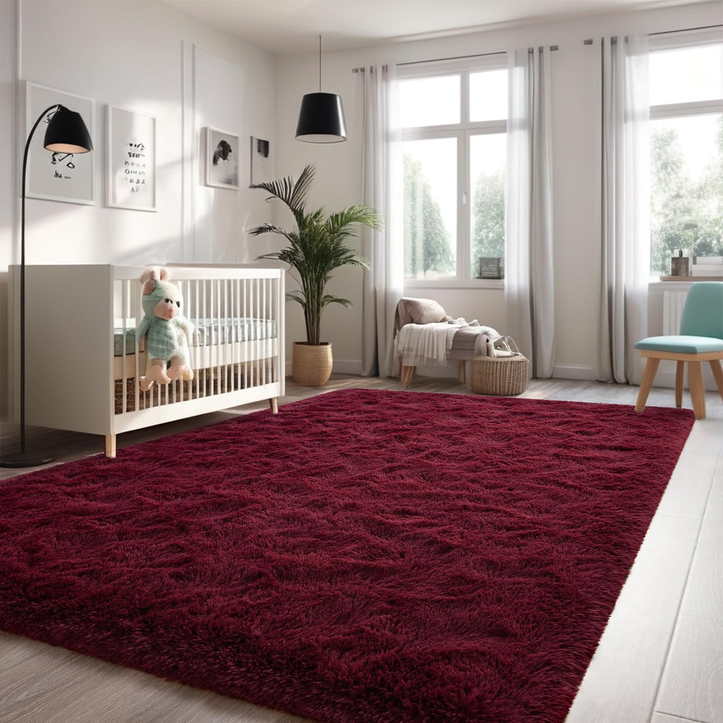 Nuttumico Fluffy Burgundy Red Rug Carpet for Bedroom Living Room, 4x6 Feet High Pile Area Rugs for Boys Kids Girls Decor, Soft Shaggy Plush Cute Floor Rug for Nursery Dorm, Non-Slip