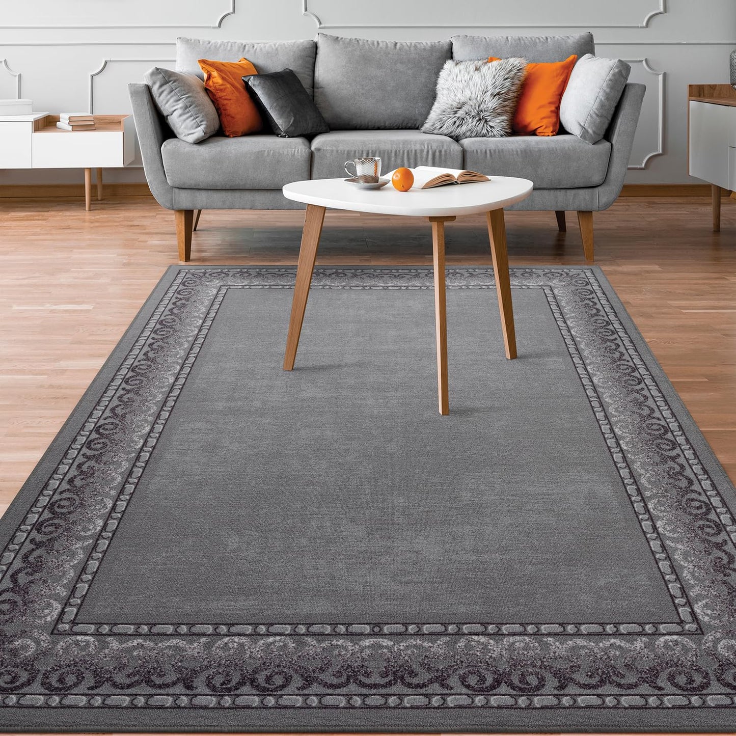 Antep Rugs Alfombras Bordered Modern 8x10 Non-Slip (Non-Skid) Low Pile Rubber Backing Indoor Area Rug (Gray, 7'10" x 10')