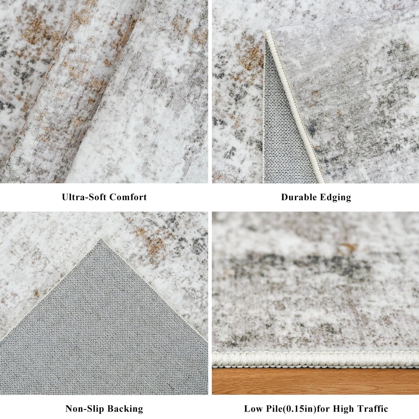 4x6 Washable Entryway Rug – Non-Slip Low-Pile Small Area Rug for Kitchen Bedroom Living Room Office – Modern Abstract Neutral Throw Carpet with Rubber Backing (Beige, Grey)
