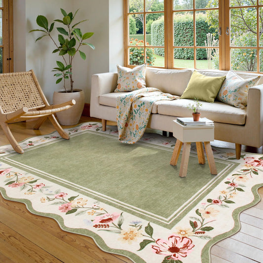 Lahome Floral Scalloped Rug 5x7, Green Rugs for Living Room Ultra-Thin, Vintage Boho Washable Area Rug 5x7 Soft Bedroom Rugs Non-Slip Throw Carpet for Farmhouse Dining Room Playroom Ariele