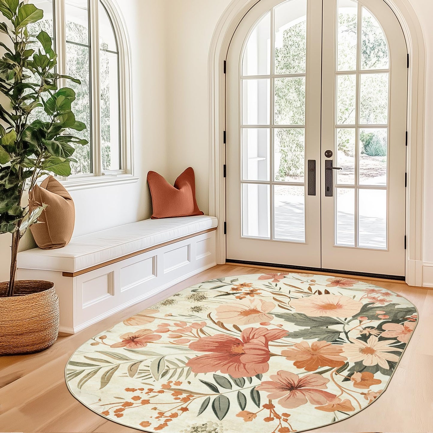jinchan Renouveau Floral Area Rug 5x7 Oval Rug Living Room Washable Modern Oriental Flower Print Non Slip Carpet for Bedroom Dining Room Entryway Home Office Pink/Grey