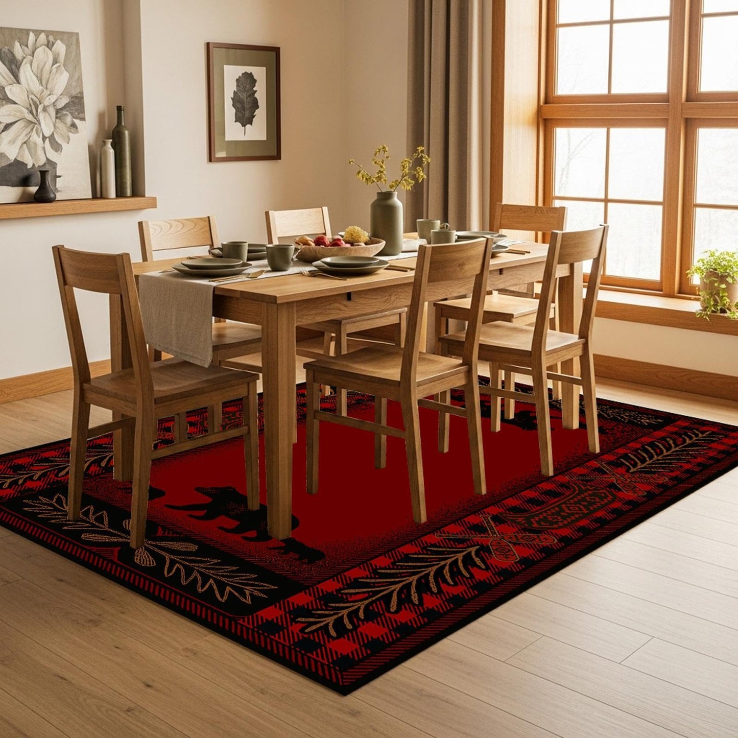 CASAVAINE Rustic Bear Family Area Rug 3'x5', Buffalo Plaid Cabin Lodge Rug with Wildlife Bear Silhouette, Non Slip Low Pile Rug for Living Room Bedroom
