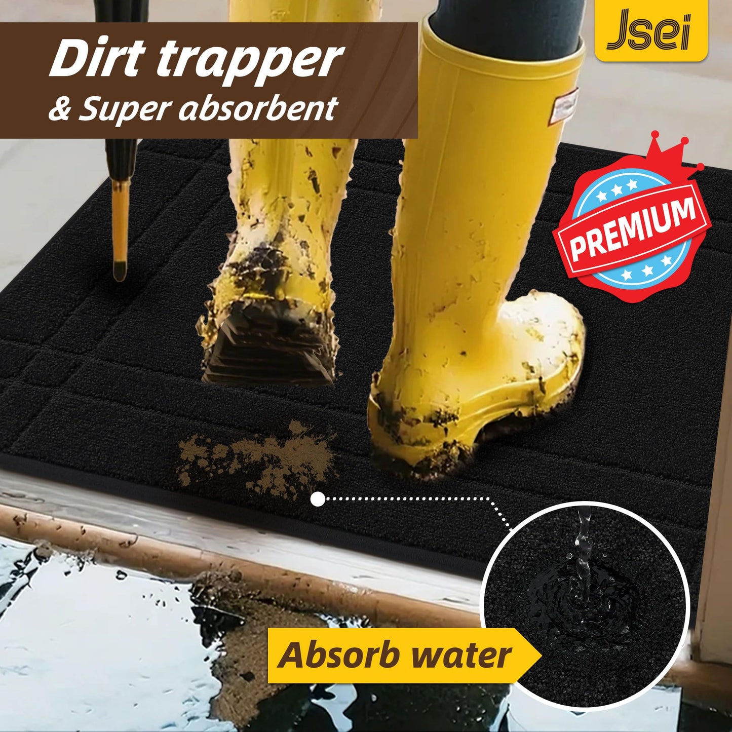 JSEI Door Mat, Low Profile Front Entryway Rugs for Wet Shoes and Dirty Pet Paws, Absorbent Dirt Trapper Doormat, Non Slip TPR Backing, Machine Washable Entryway Mat, Black, 20" x 32"