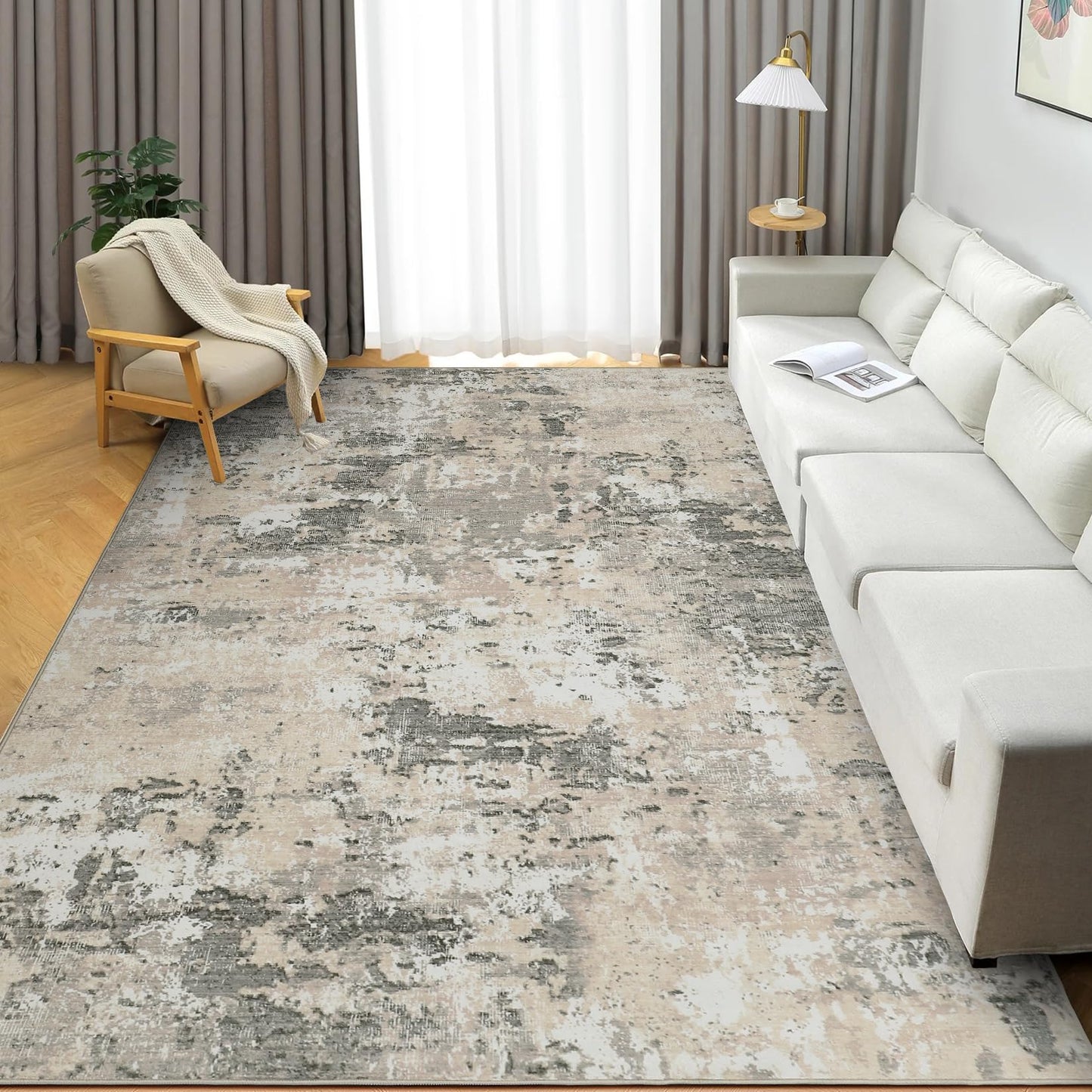 ROYHOME Modern Abstract Area Rug 10x13 Non Slip Non Shedding Rug Low Pile Stain Resistant for Bedroom Living Room,Grey Yellow