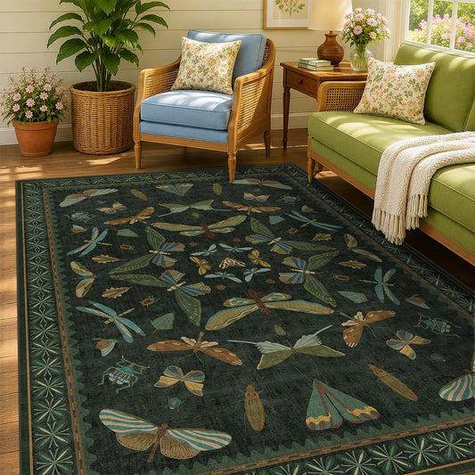 Dark Green Area Rugs 5x7 for Living Room - Fairy Fantasy Moss Rugs for Dining Room Table, Bedroom, Whimsical Insect Boho Moth Décor, Washable Non Skid Soft Carpet